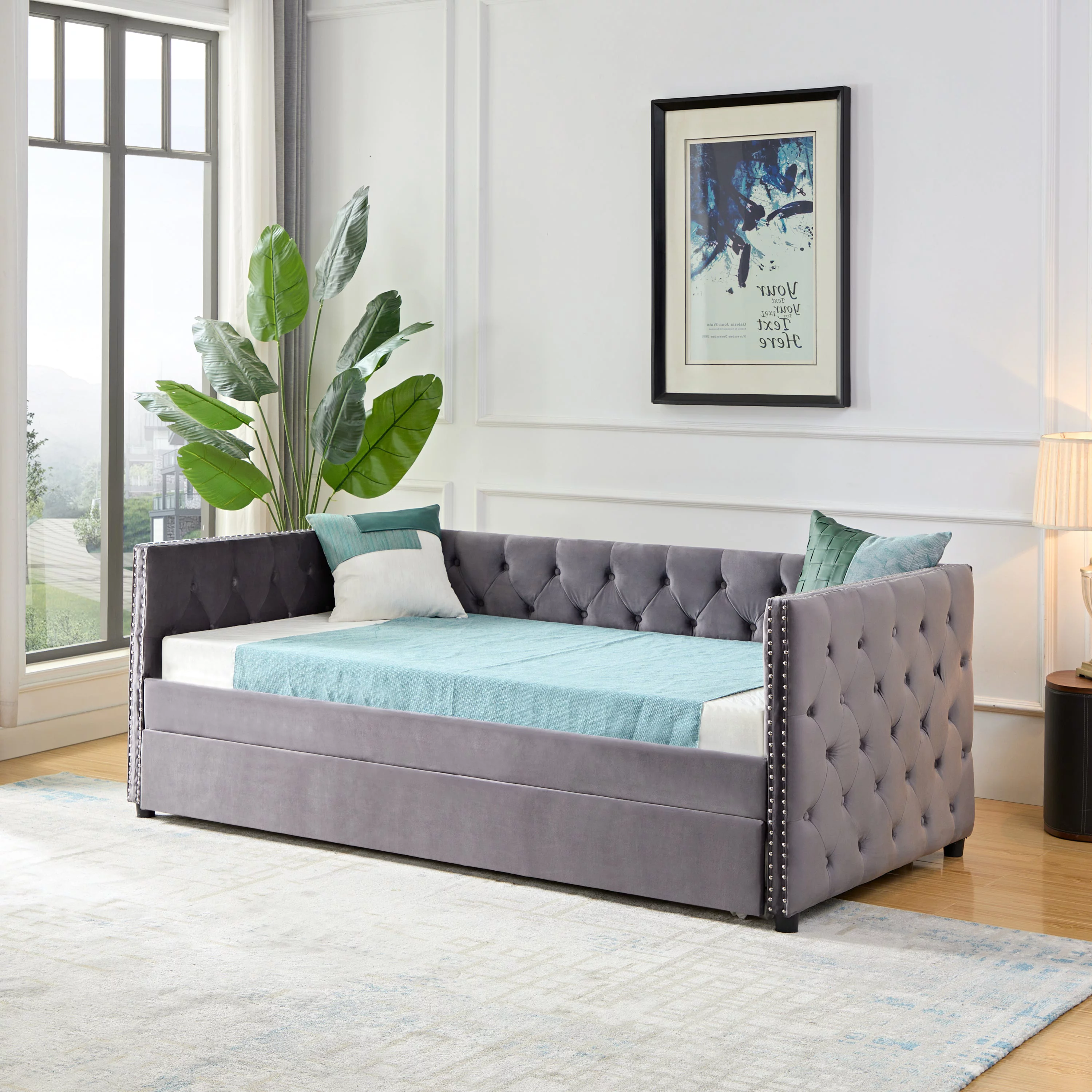Apex Twin Size Velvet DayBed with Trundle - Gray