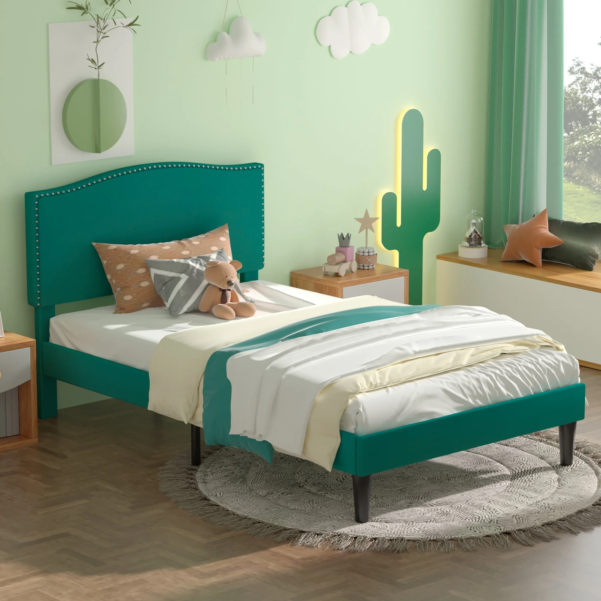 VECELO Twin Bed Frame, Nailhead Trim Upholstered Platform Bed with Adjustable Headboard, Wooden Slats Support/No Box Spring Needed, Dark Green