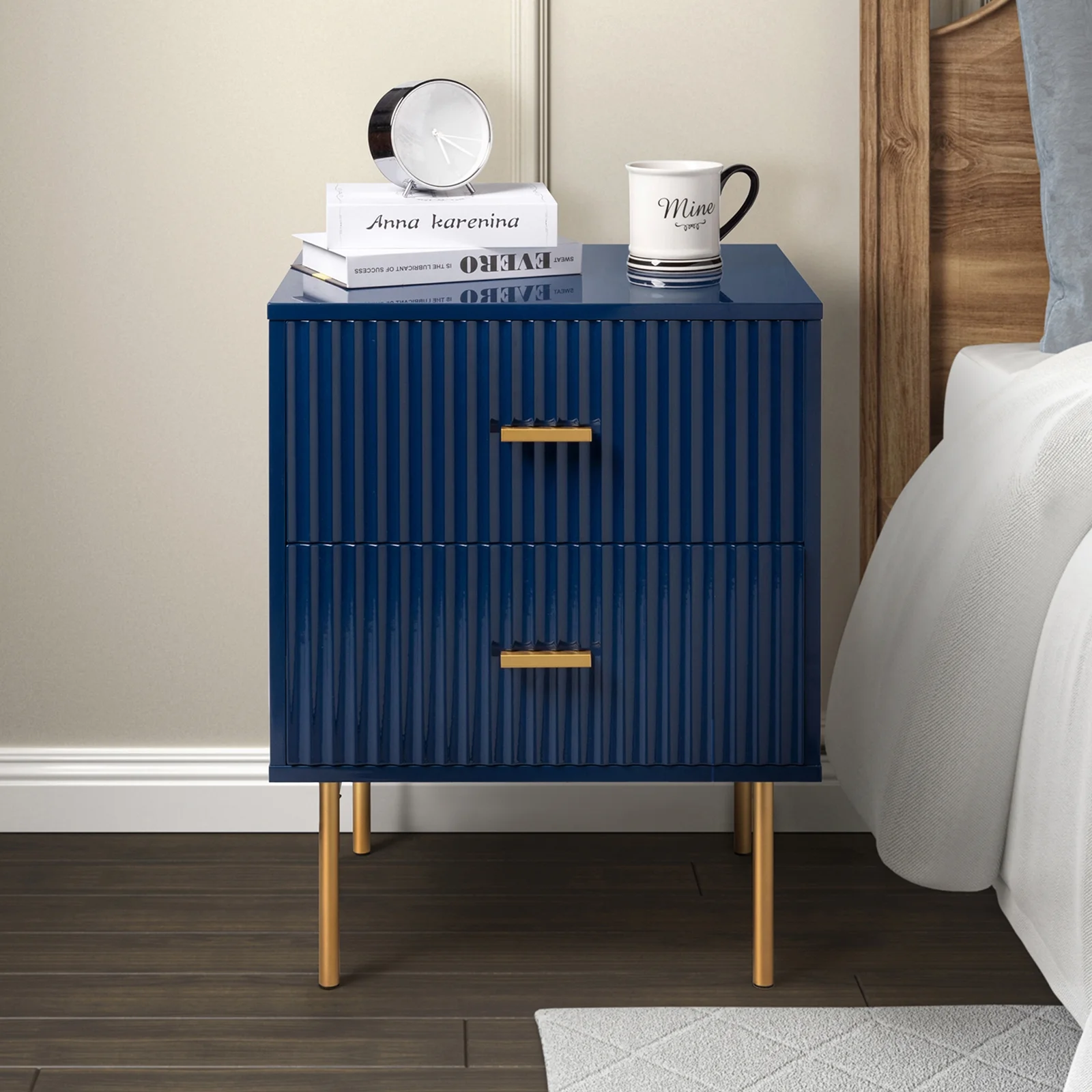 Wooden 2 Drawer Storage Nightstand Chest Cabinet Bedside Table Metal Legs for Home Bedroom Navy