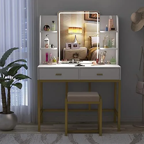HBBOOMLIFE Vanity Set with Lighted Mirror Makeup Vanity Dressing Table with LED Lights Shelves Cushioned Stool & 2 Drawers Dresser Desk for Bedroom Brown