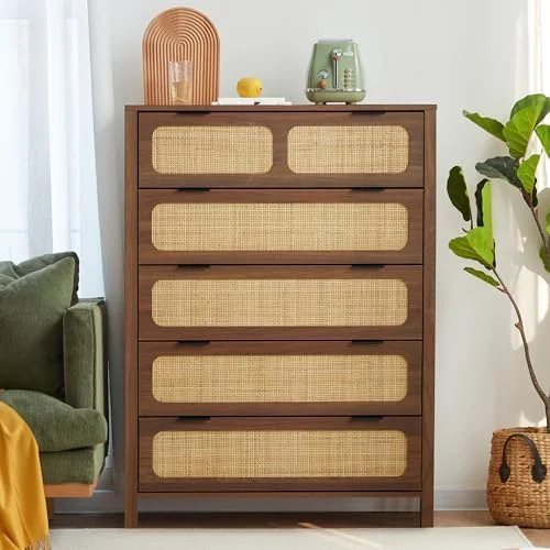 KHBIULIFE 5 Drawer Chest Dresser Rattan Tall Dresser 5 Chest of Drawers for Bedroom Wood Cane Cabinet with Metal Handles for Living Room Hallway Nursery (Black)