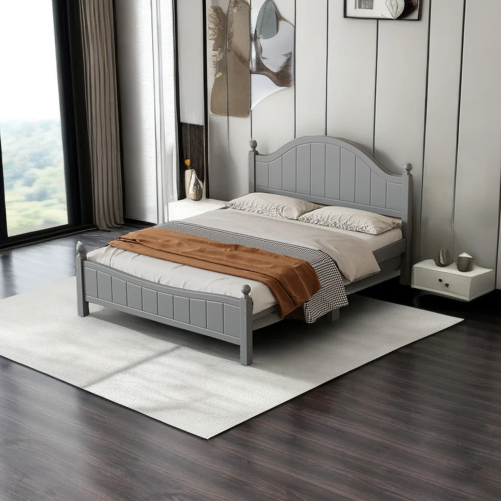 Queen Size Traditional Concise Style Platform Bed, Solid Wood Bed Frame with Curved Lines Design Headboard for Bedroom, No Need Box Spring