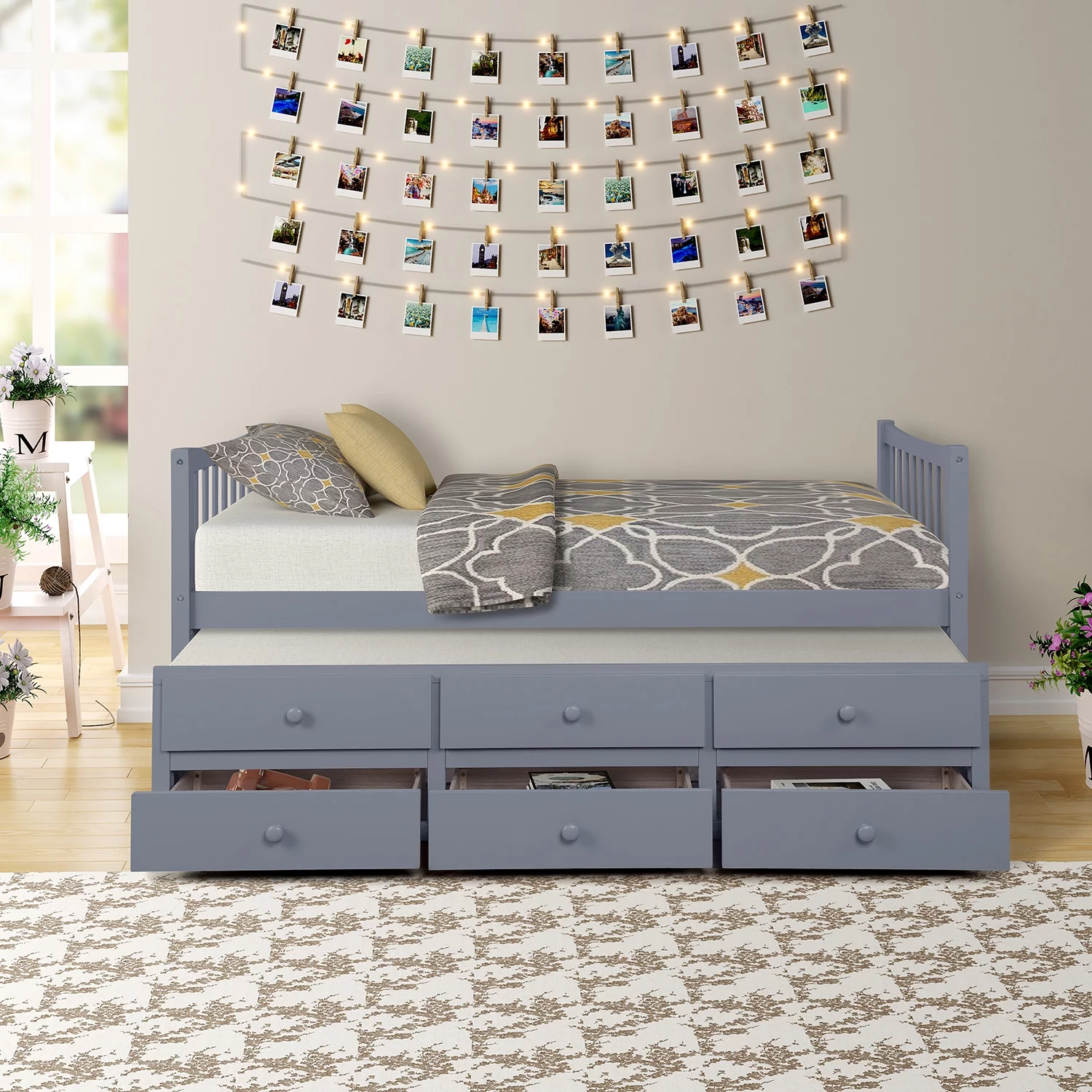 Wood Bed Captain's Bed Storage Twin Daybed with Trundle Bed and Storage Drawers Platform Bed Kids Bed