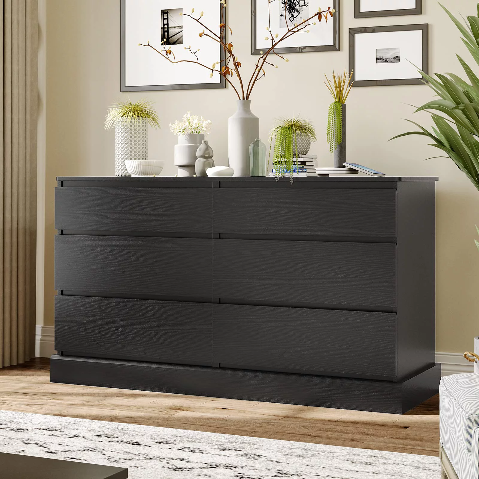 6 Drawer Double Dresser, 51.5''W Wooden Storage Chest of 6 Drawers, Large Capacity Clothing Storage Cabinet, Wide Black Dresser for Bedroom