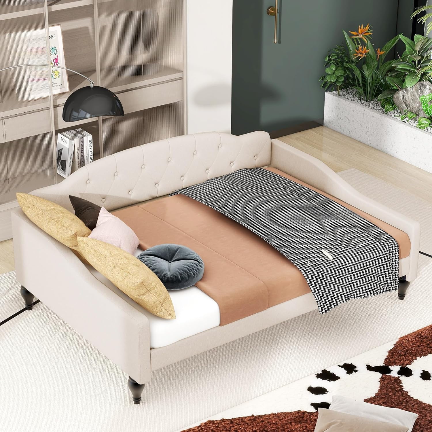 Full Size Lie Upholstered Tufted Daybed Bed,Sofa Day Bed Frame With Butto Tufted Backrest For Livig Room, Bedroom, Guestroom,Beige