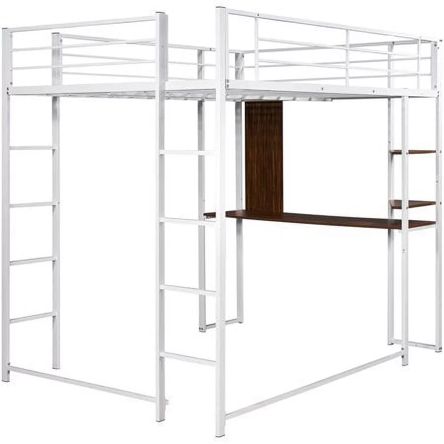 Churanty Space-Saving Full Size Metal Loft Bed with 2 Shelves and 1 Desk, Two Build-in Ladders and Guardrails, No Box Spring Needed (White)