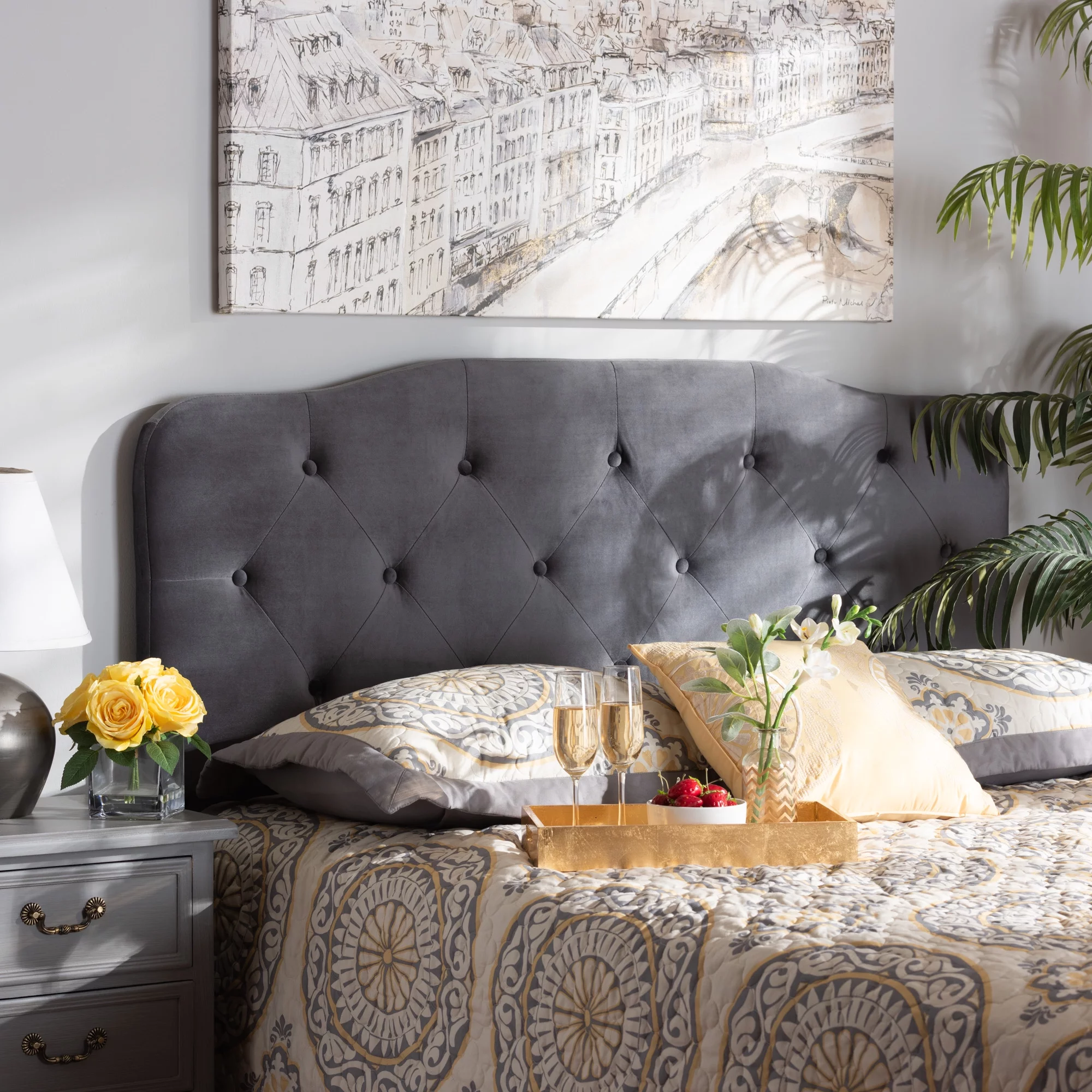 Baxton Studio Gregory Modern and Contemporary Grey Velvet Fabric Upholstered Queen Size Headboard