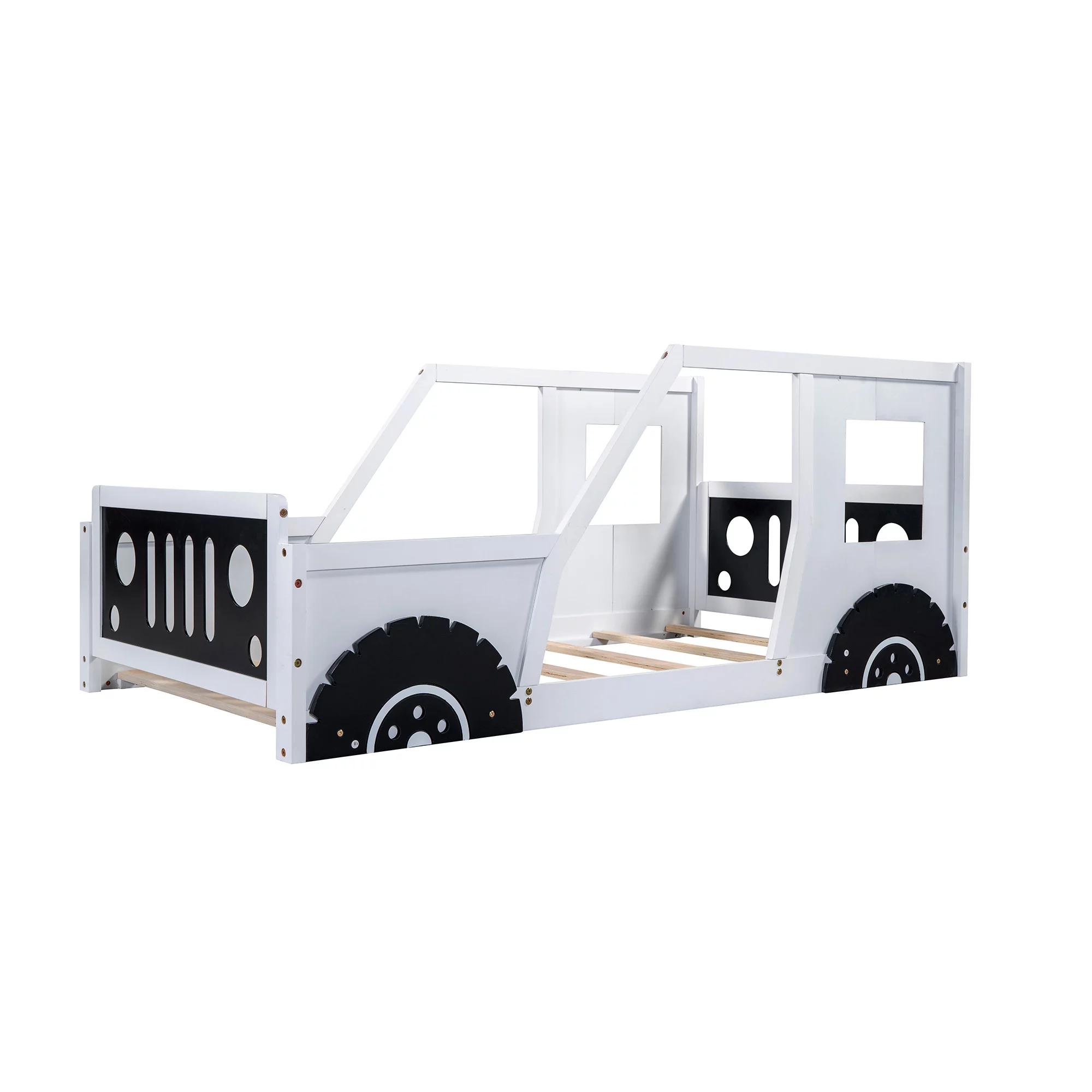 Twin Size Car-Shaped Platform Bed, Kids Floor Bed with Wood Slat Support, Funny wooden bed for Boy, Girls and Young Teens, Good dream bed, Classic children's bedstead, No Box Spring Needed, White