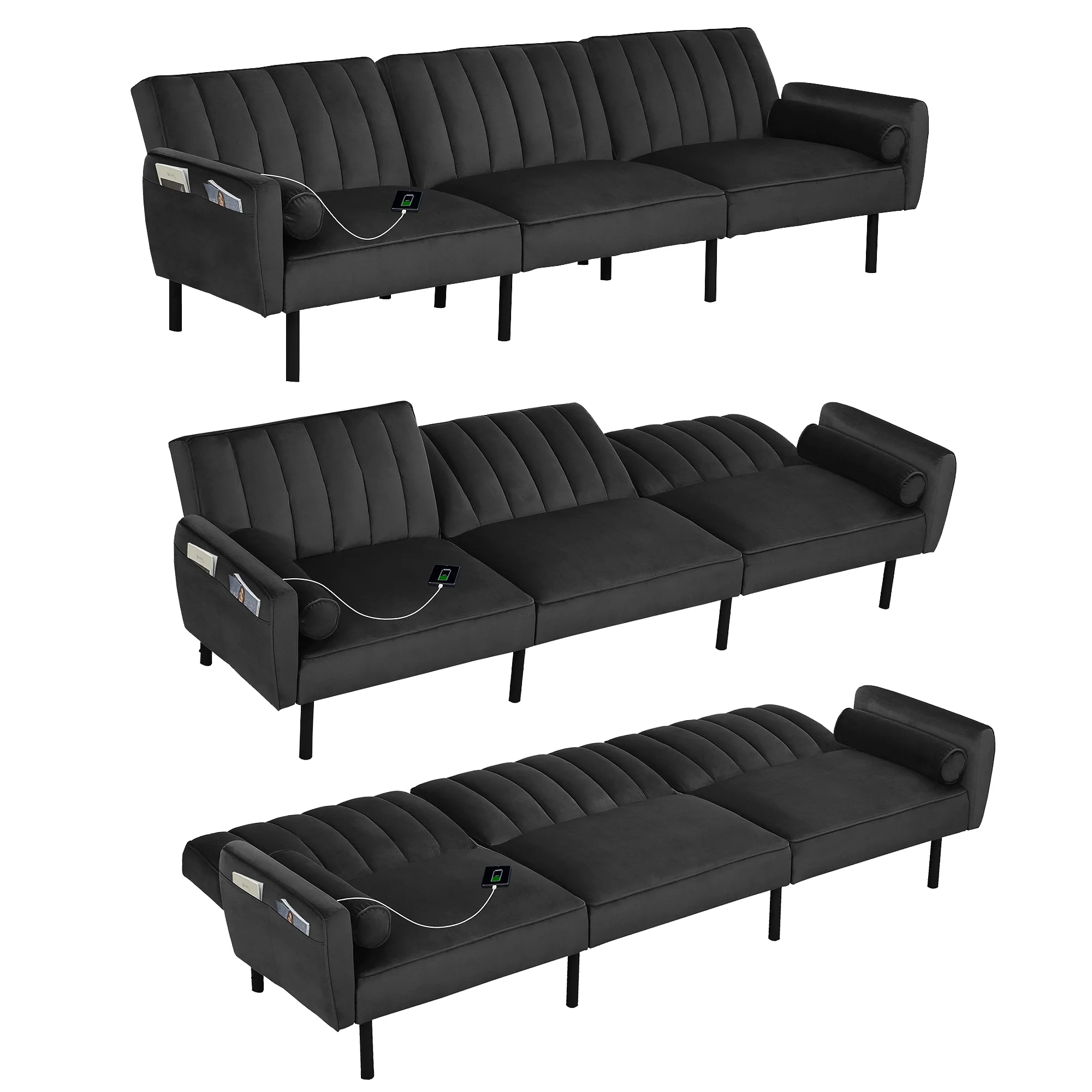 DURASPACE Sectional Couch, Convertible Sofa with Adjustable Backrest, Velvet Sleep Sofa Bed with USB Charge for Living Room Charcoal Grey