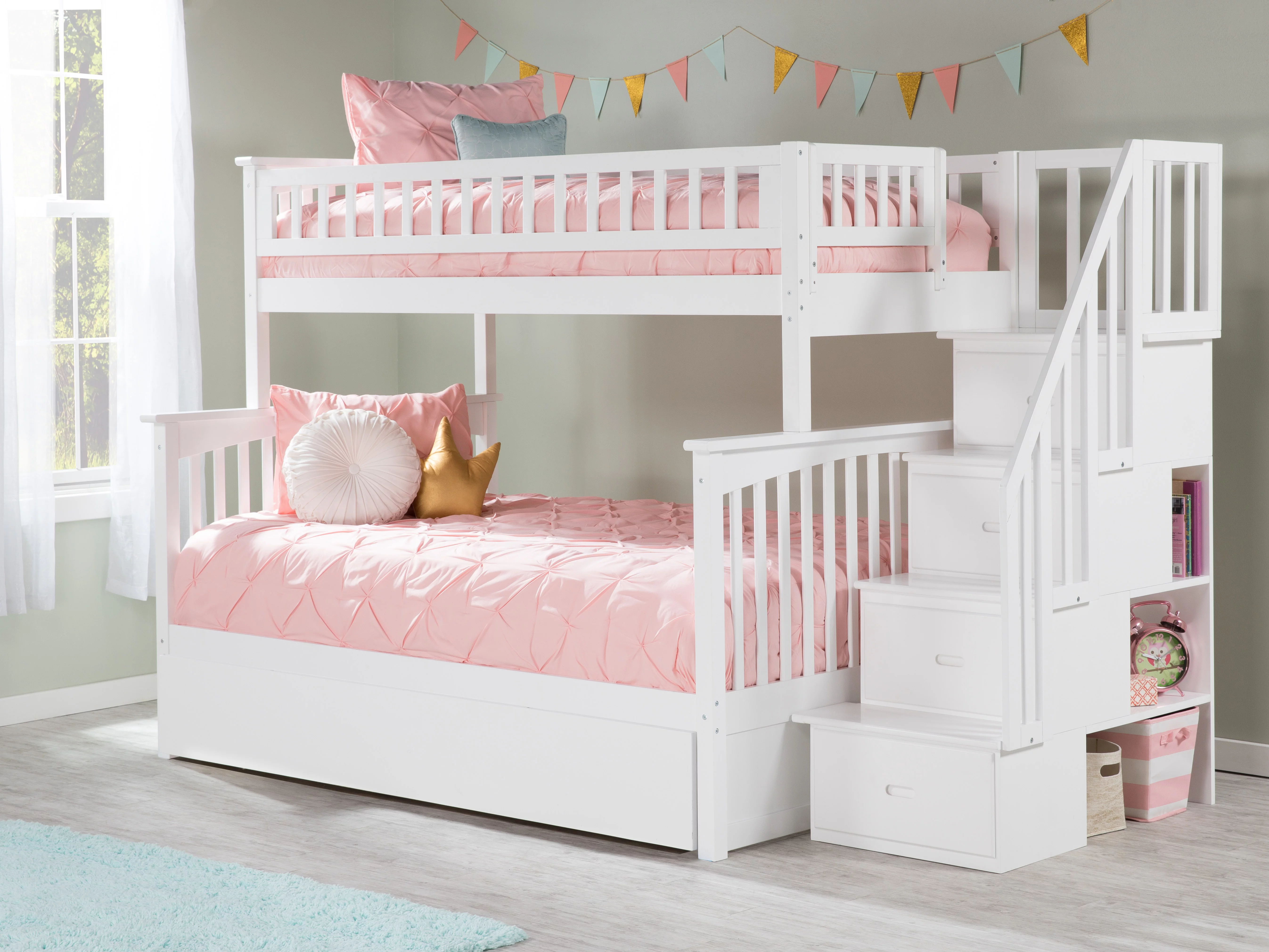 Columbia Staircase Bunk Bed Twin over Full with Full Size Urban Trundle Bed in White