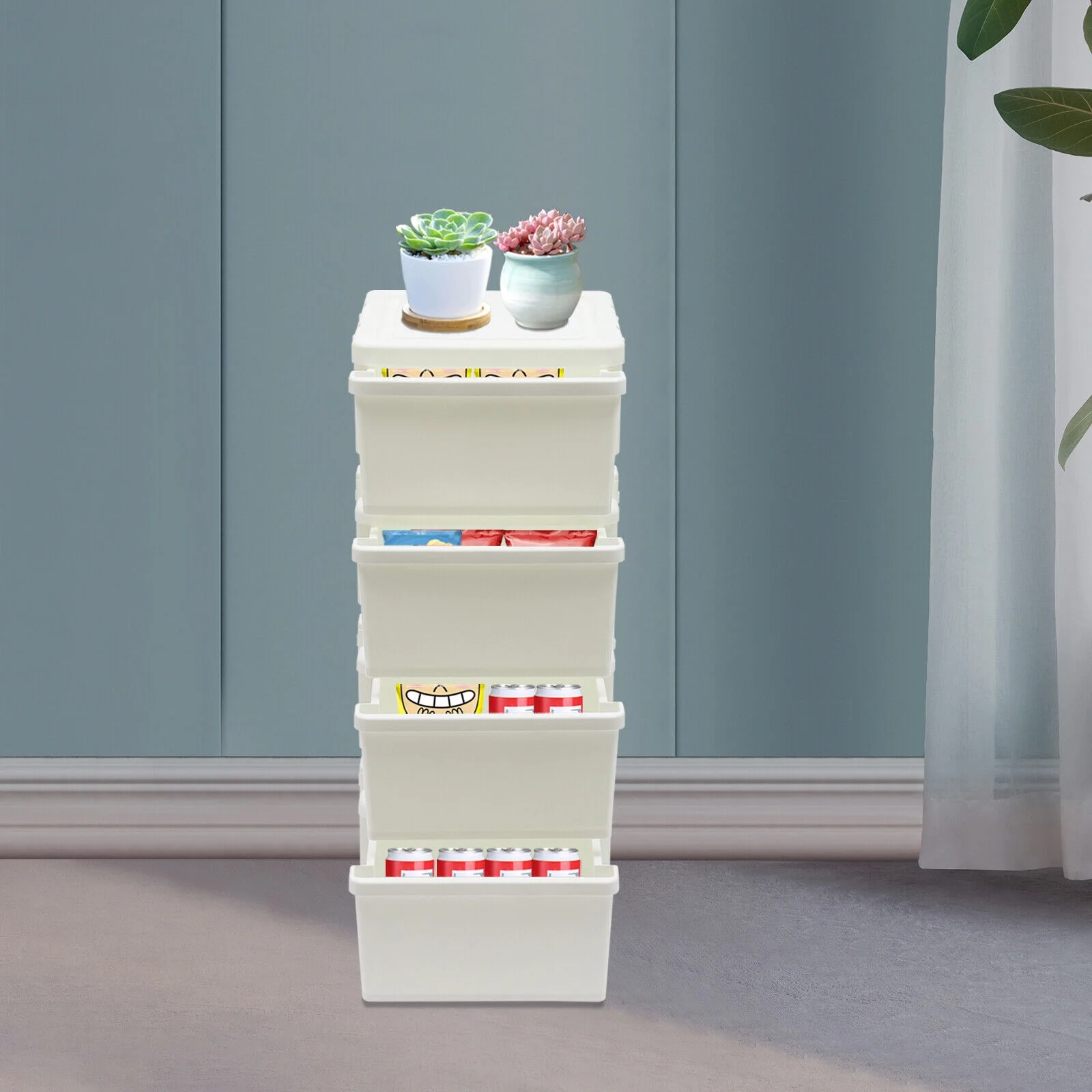4 Drawer White Plastic Storage Organizer Container Floor Mounted Dresser for Bedroom