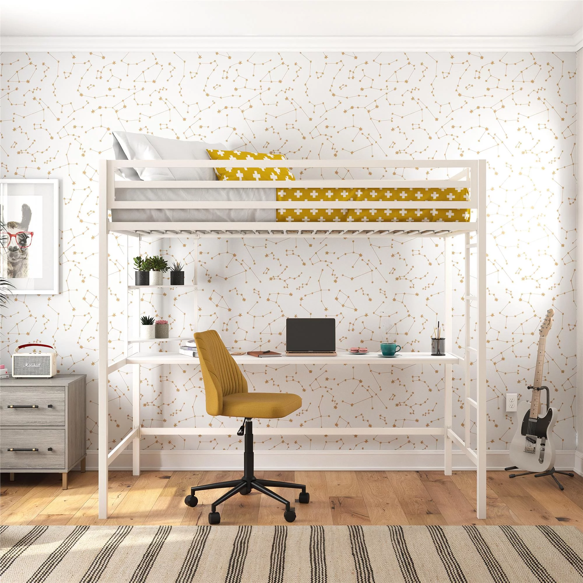 Novogratz Maxwell Metal Twin Loft Bed with Desk & Shelves, Off White/Off White