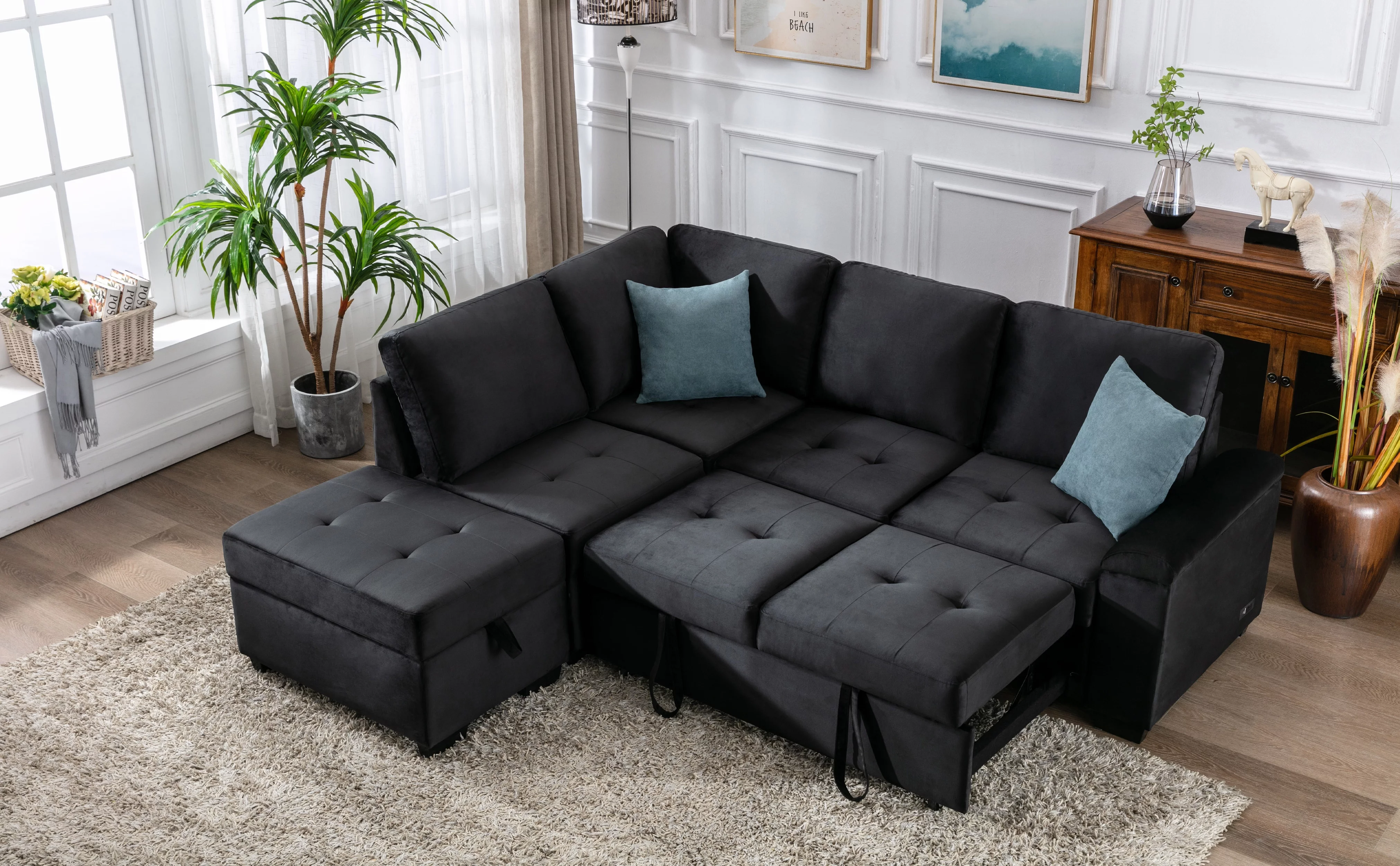 Soges L-Shape Sofa Bed with Storage Ottoman and Hidden Arm Storage, Sectional Sofa Sleeper with USB Port for Living Room Apartment, Black