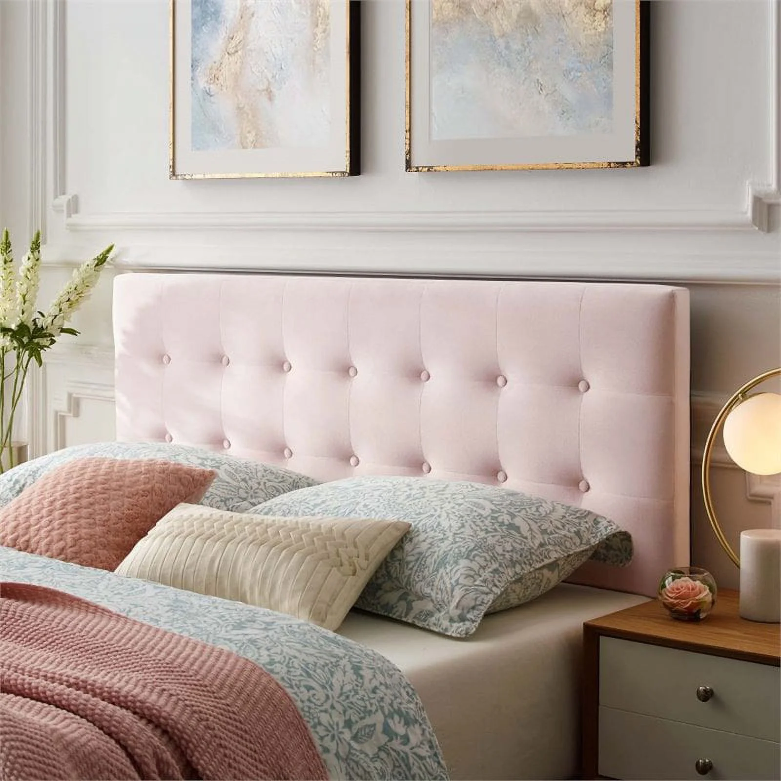 Pemberly Row Modern Fabric Biscuit Tufted Velvet Queen Headboard in Pink