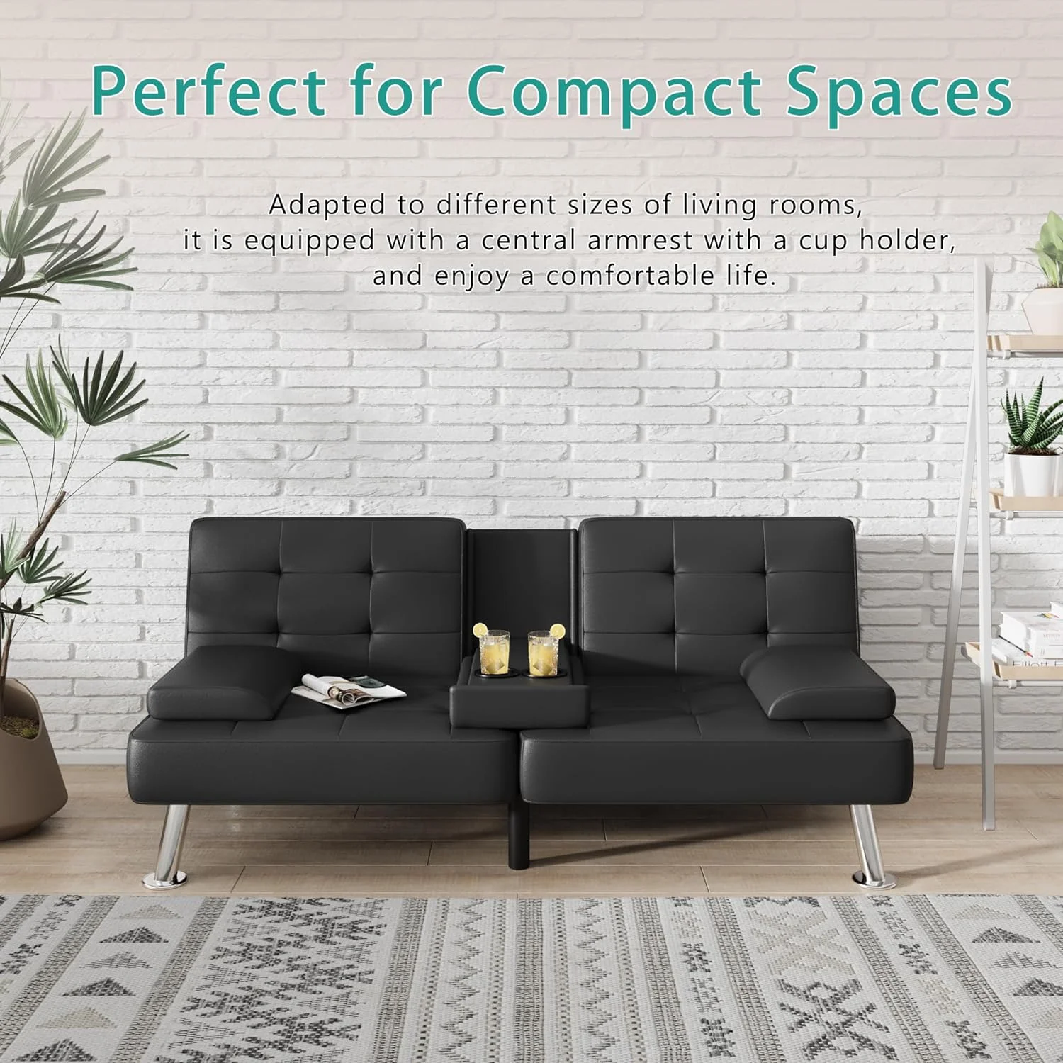 YOJFOTOOU. Futon Sofa Bed Modern Faux Leather Couch, Convertible Folding Futon Couch Recliner Lounge for Living Room with 2 Cup Holders with Armrest (Faux Leather, Black)