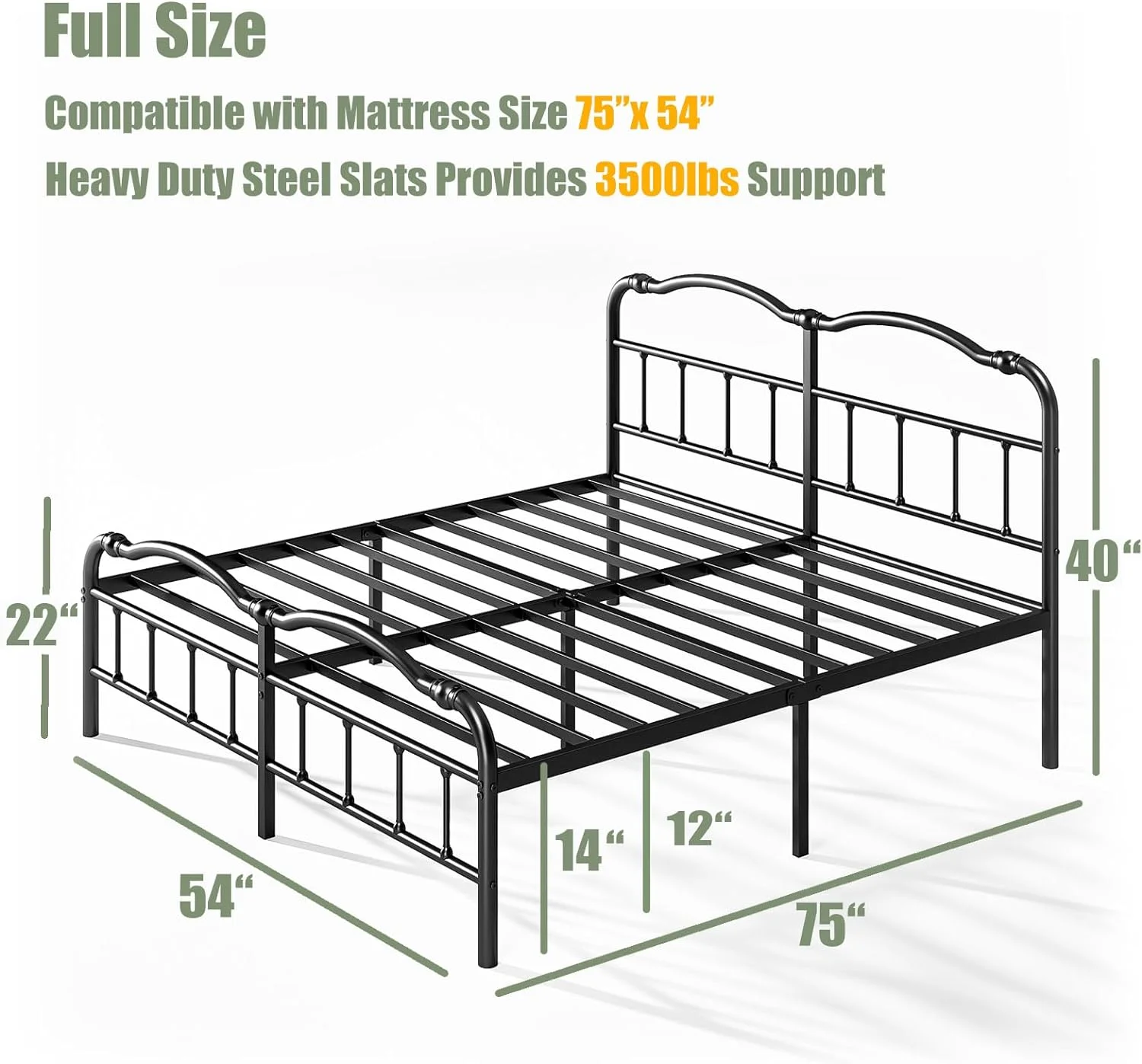 YINCHEN Bed Frame Full Size with Headboard and Footboard, Vintage Style, Steel Slats, 14 Inch High and 3500 Pounds Weight Capacity, No Box Spring Needed Platform, Easy Assembly—Black