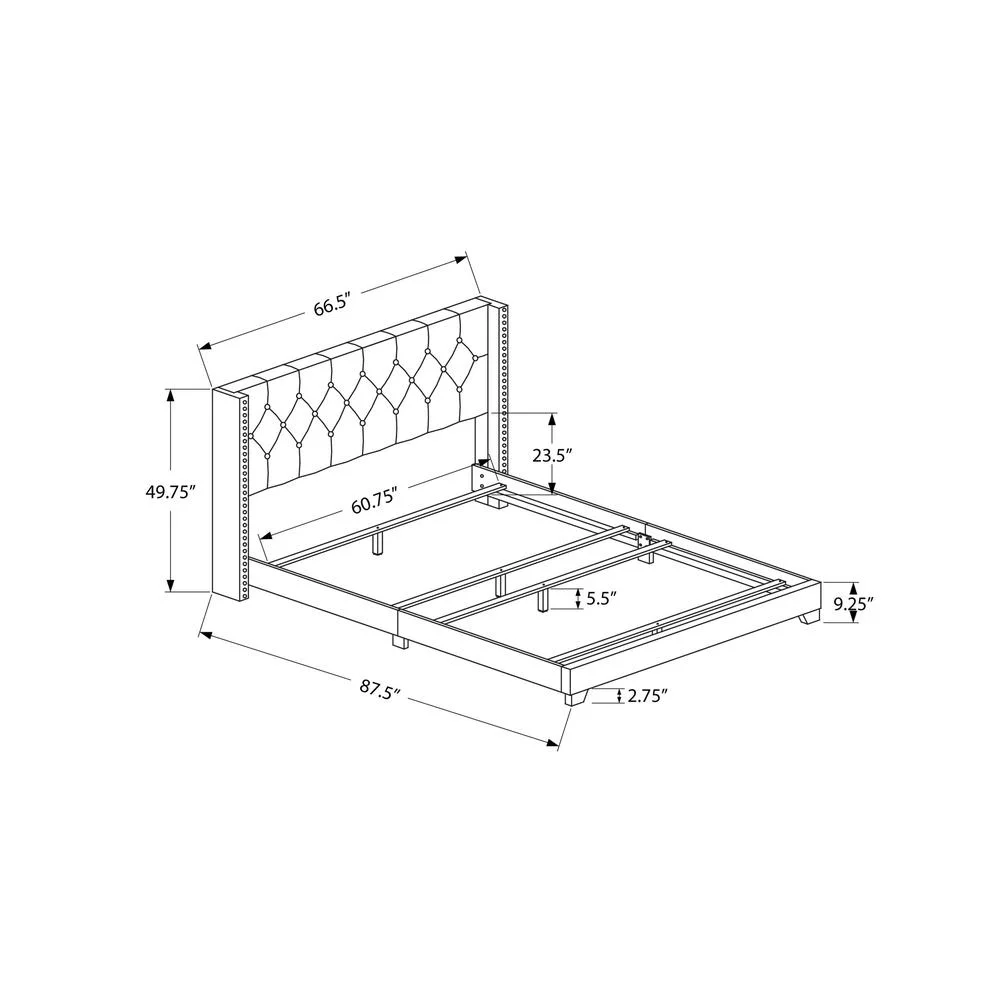 Monarch Specialties Bed - Queen Size, Grey Linen With Chrome Trim