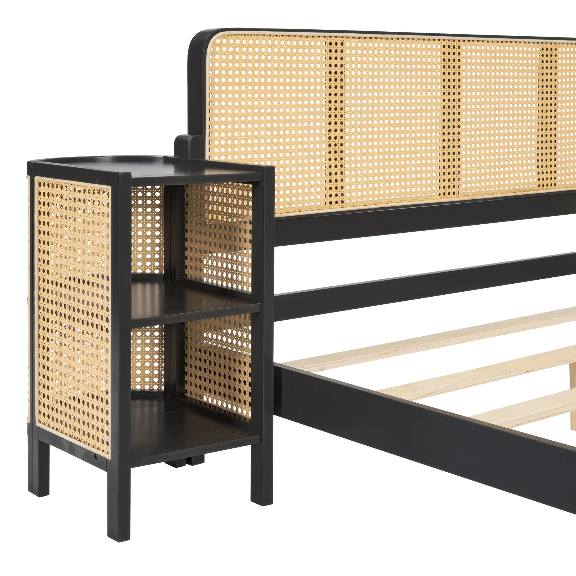 3 Pieces Rattan Platform Bed with 2 Nightstands,Full Size Platform Bed with Headboard and Footboard,Rustic Bed Frame with Solid Wood Legs,Easy Assemble,Bed Full Size for Adults,Teens,Kids