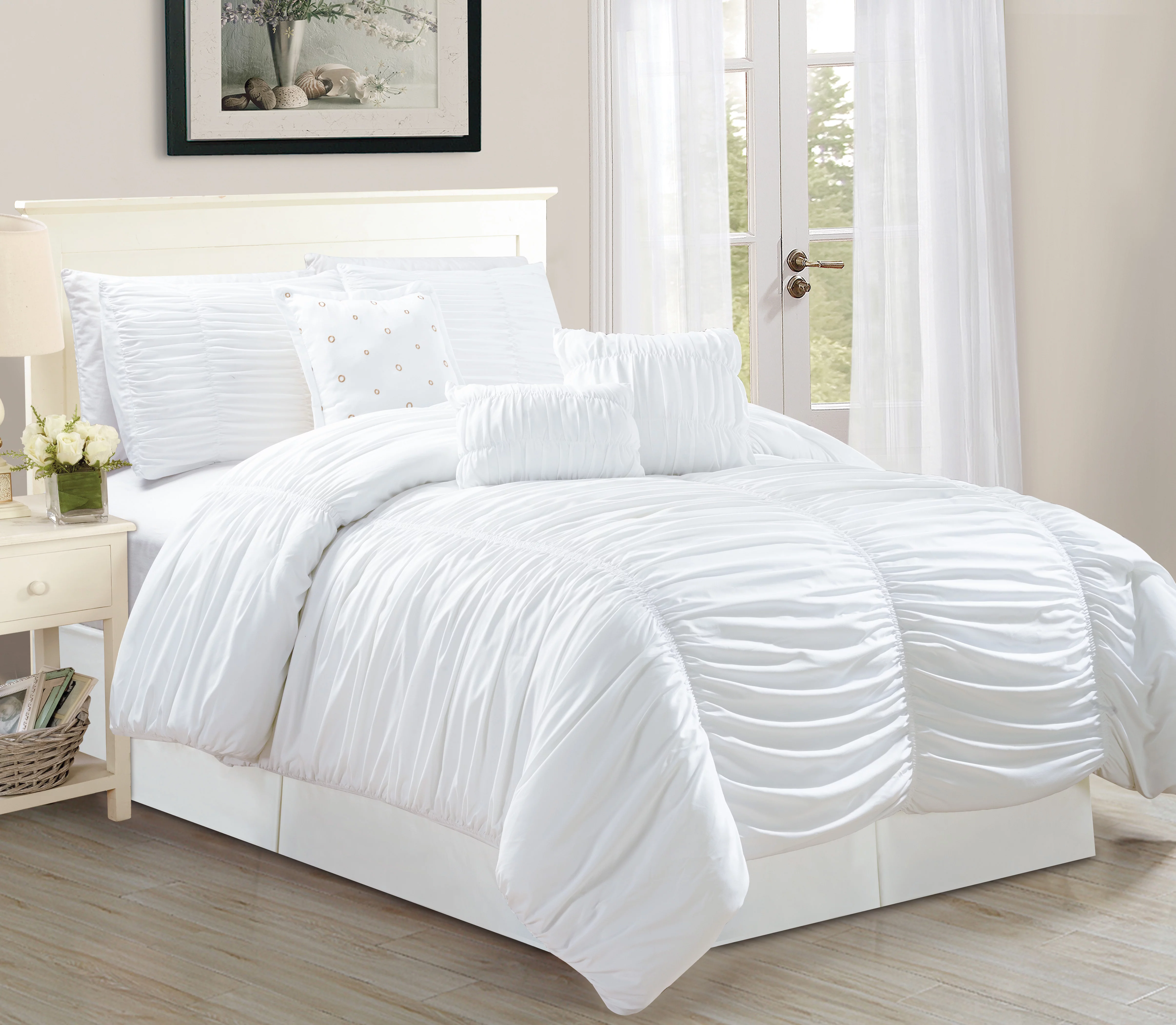 WPM 7 Piece Royal WHITE Ruched comforter set Elegant bed in a bag Luxurious King Size Bedding
