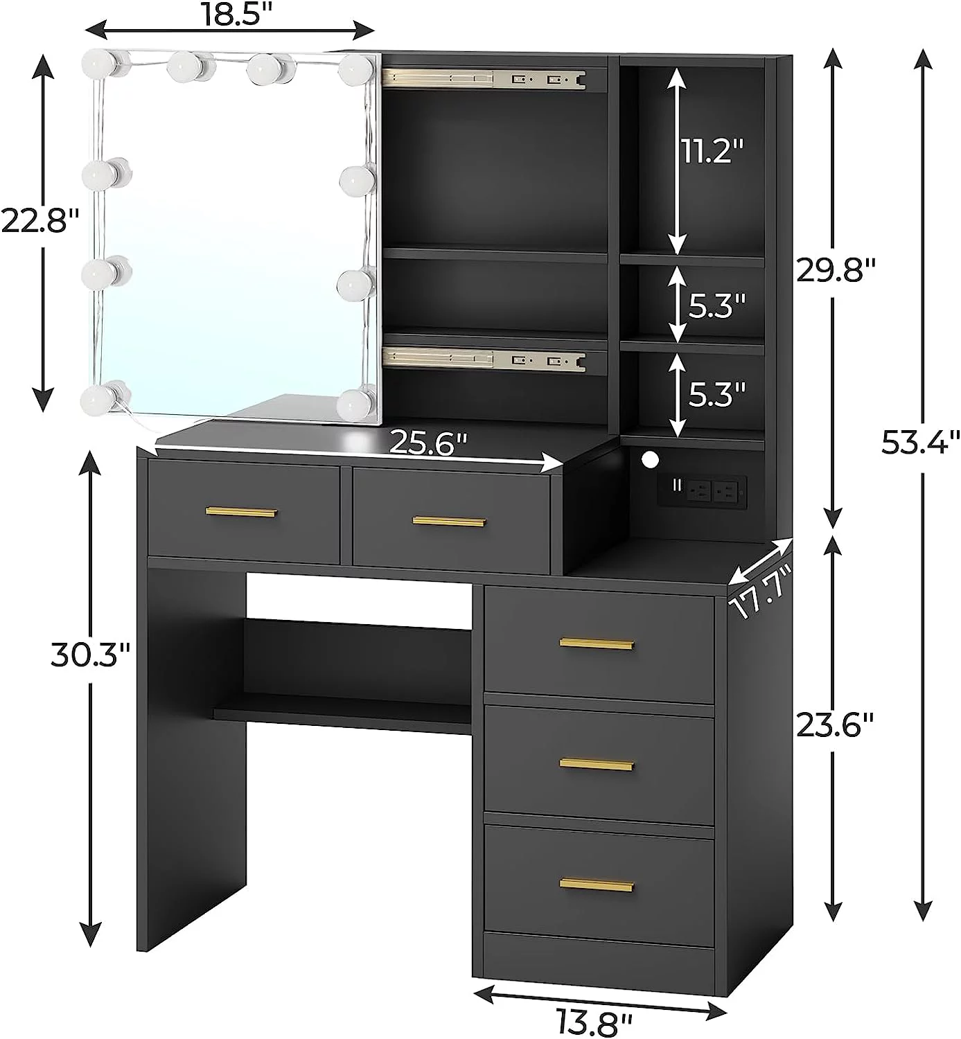 Makeup Vanity Table with Sliding Mirror&LED Lights, Modern Vanity Desk with Charging Station&5 Drawers for Bedroom, Black
