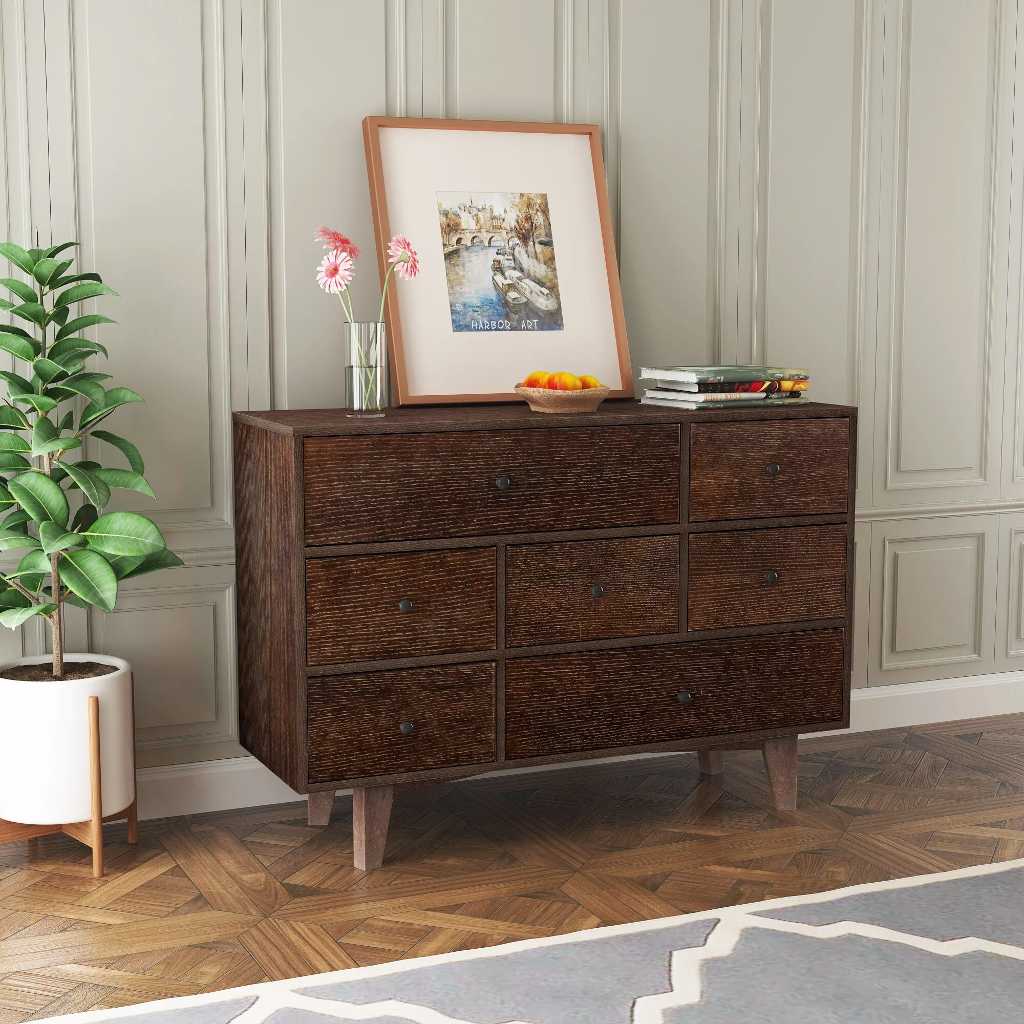 7 Drawers Dresser Cabinet with Retro Round Handle, Solid Wood Construction, and Space-Saving Design