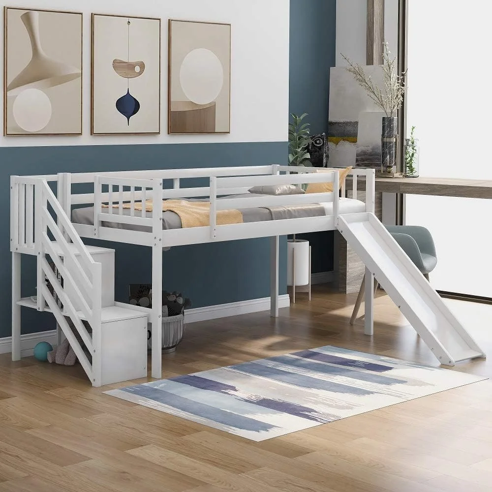 Loft Beds With Slide For Kids, Low Profile Loft Beds With Staircase, No Box Spring Needed