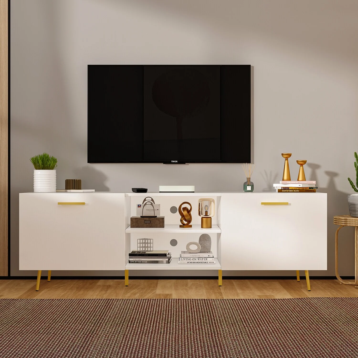 Timechee 69-in Modern TV Stand Console Center w/ Double Doors - 69