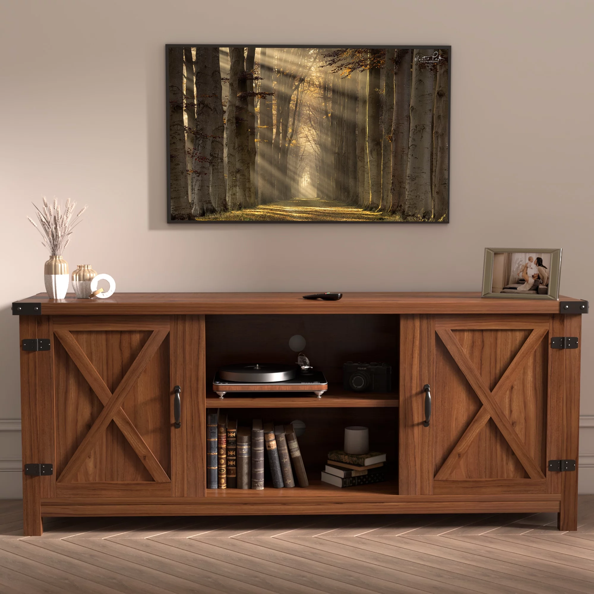 Furmax Barn Door TV Stand Media Console Center Industrial Style for TVs up to 65