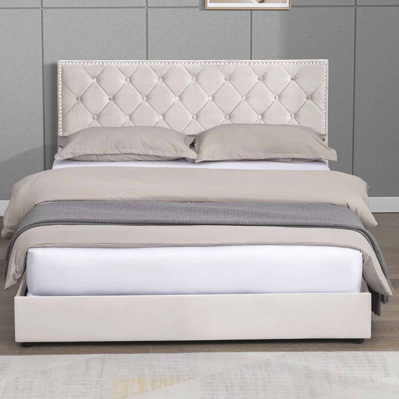 Mixoy Modern King Size Platform Bed Frame with 4 Large Drawers and Tufted Headboard, Wooden Slats Support(King,Beige)