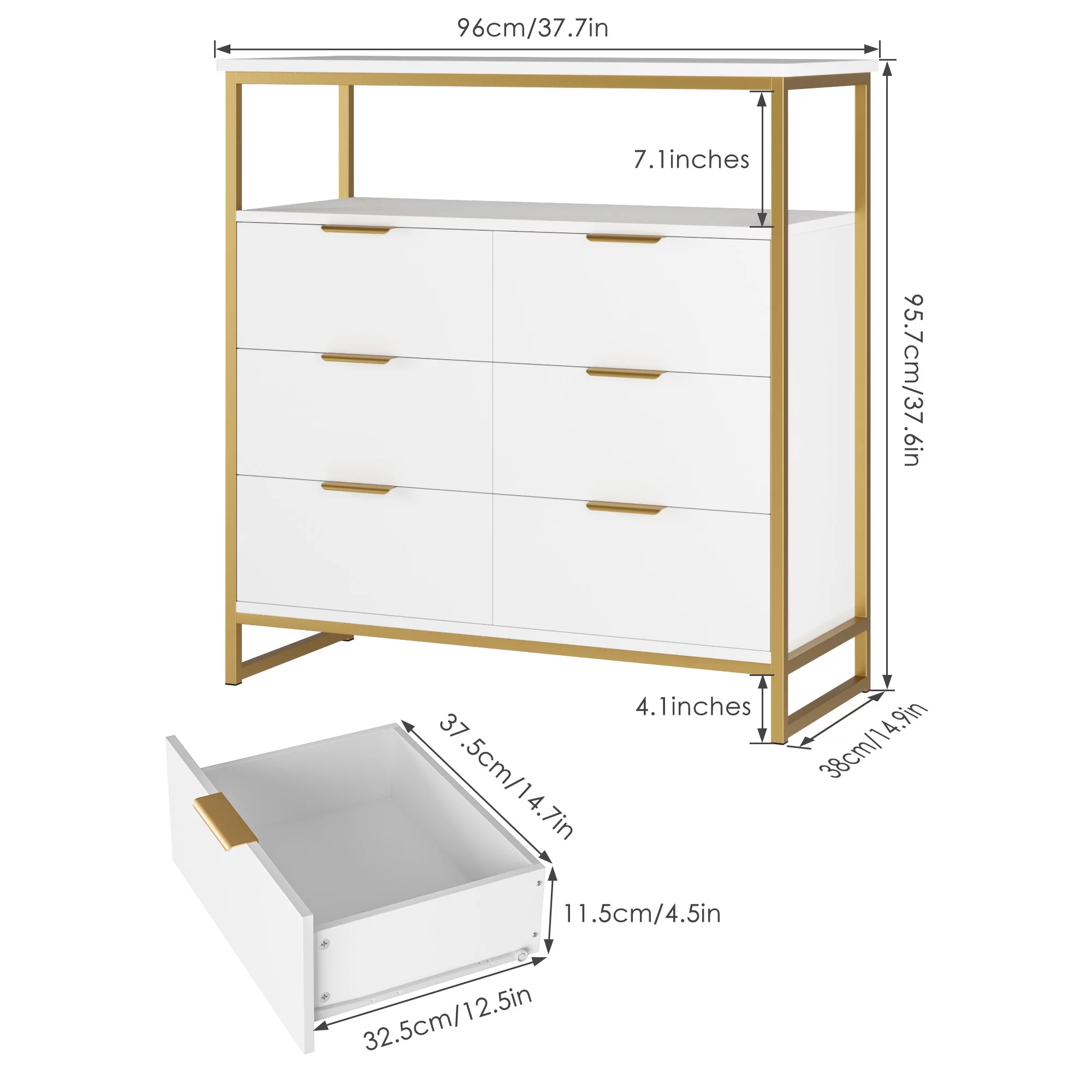 Homfa 6 Drawer Dresser, Modern Storage Chest, Storage Cabinet for Living Room, White Gold