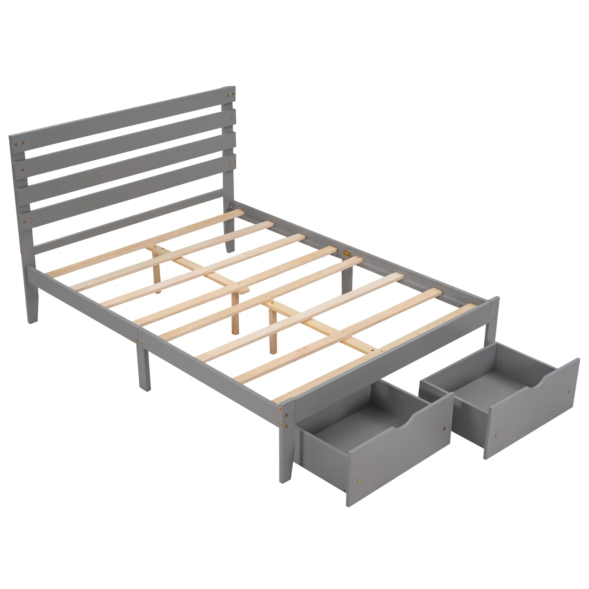 Full Platform Bed with Drawers, Wood Platform Bed with Headboard for Kids Room, Gray