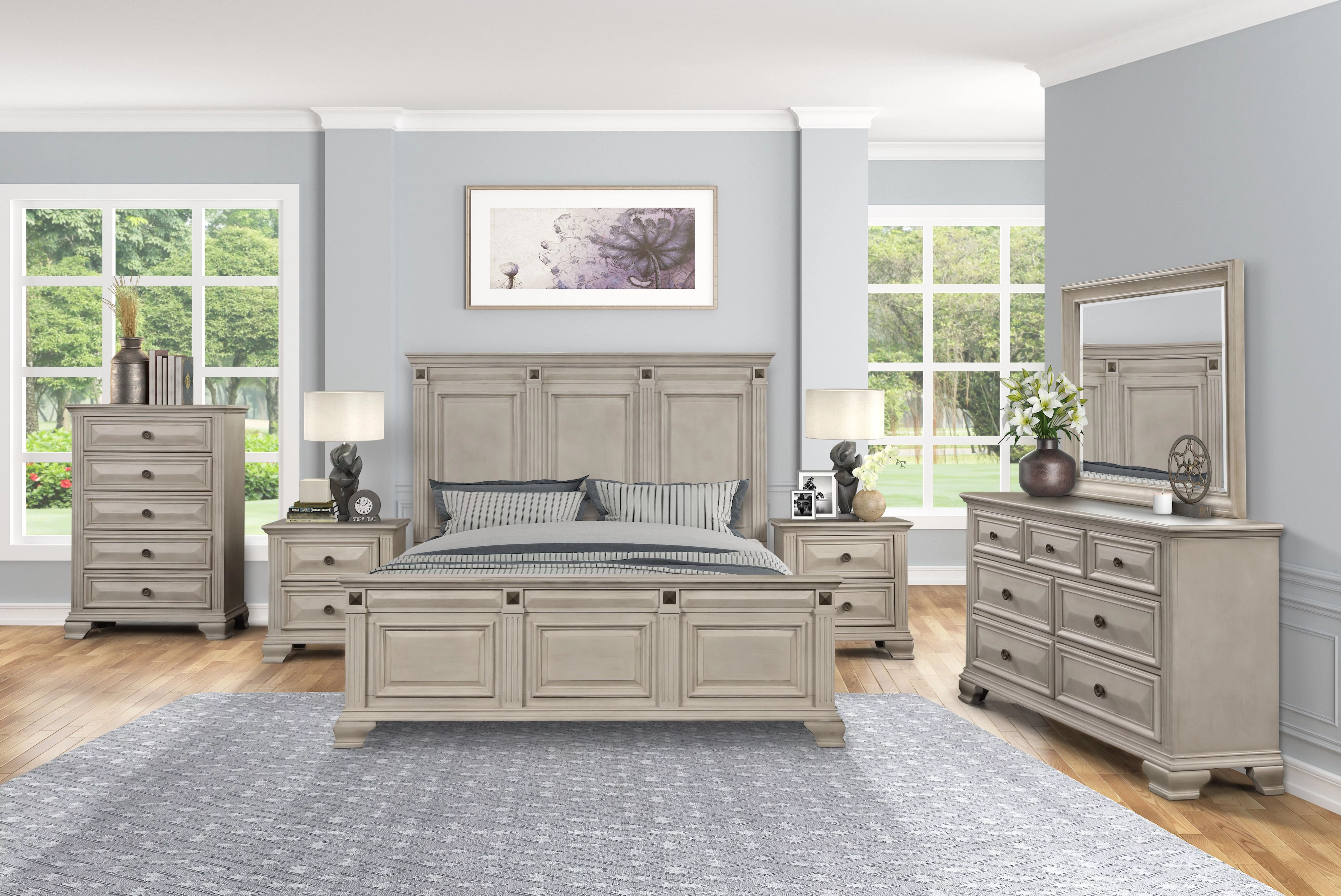 Renova Distressed Parchment Wood Bedroom Set, King Panel Bed, Dresser, Mirror, Two Nightstands, Chest