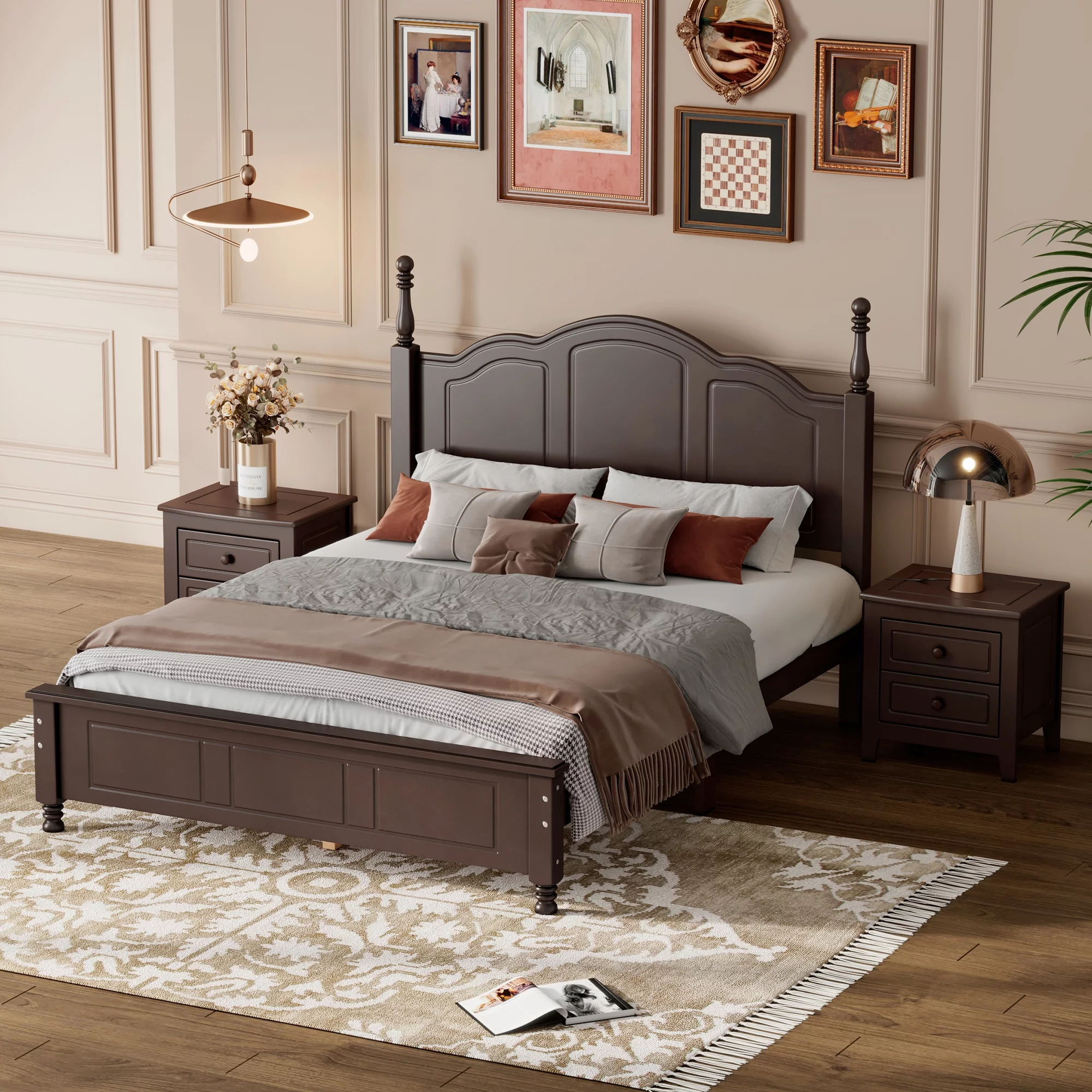 CoSoTower 3-Pieces Bedroom Sets,Full Size Wood Platform Bed and Two Nightstands-Dark Walnut