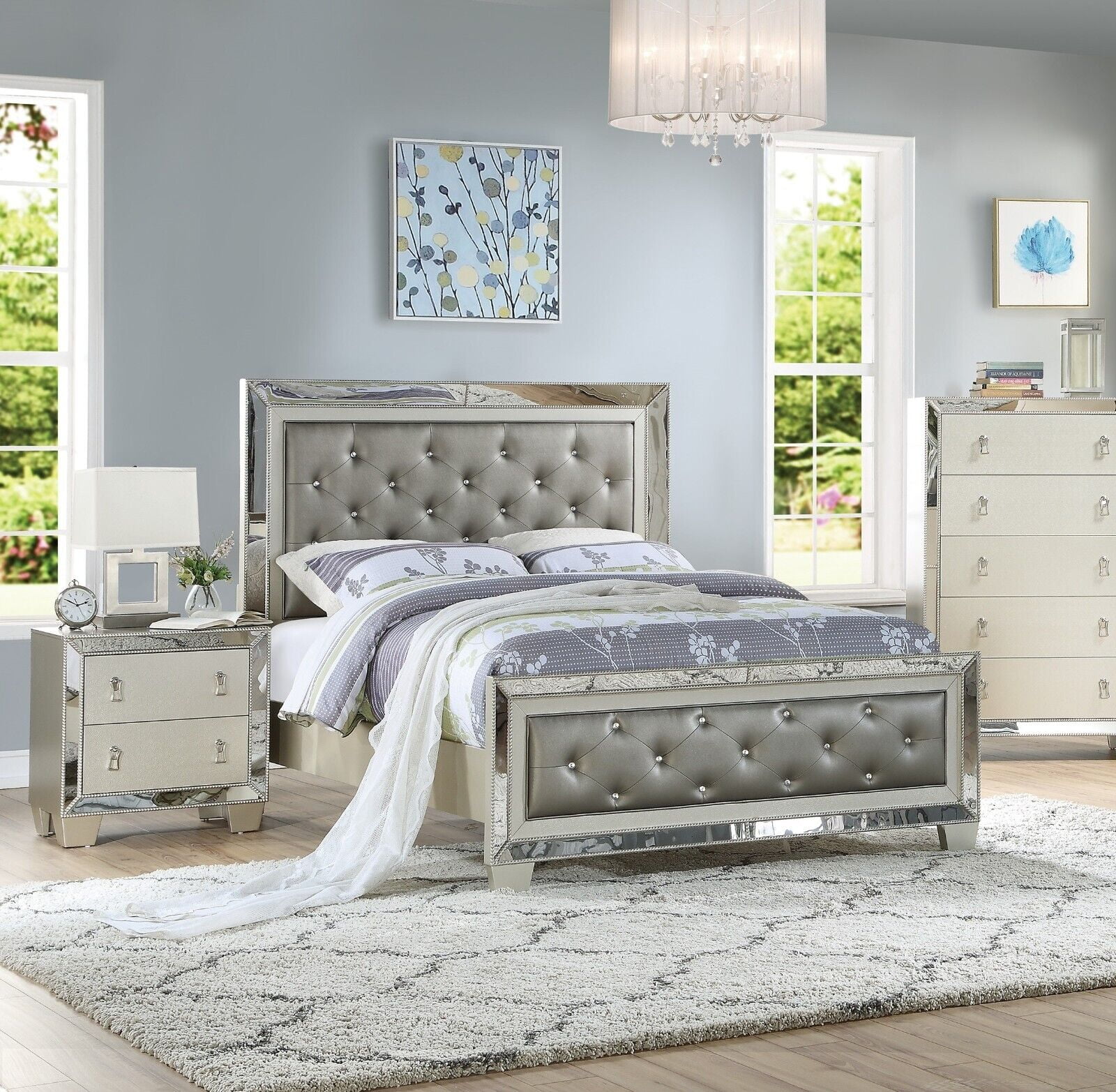 Contemporary Bedroom Furniture Est King Size Bed 2x Nightstand 3pcs Set Upholstered Tufted Headboard FB Silver Mirrored Accent