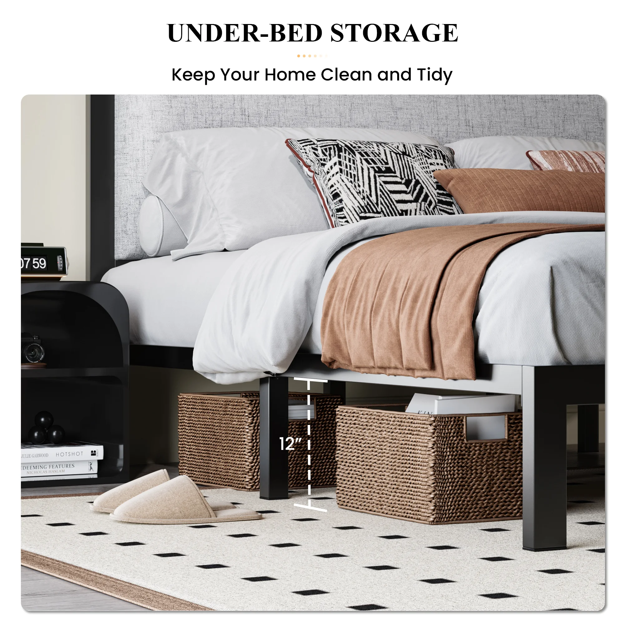 SHA CERLIN Grey King Size Platform Bed Frame with Fabric Headboard & Underbed Storage, Adult