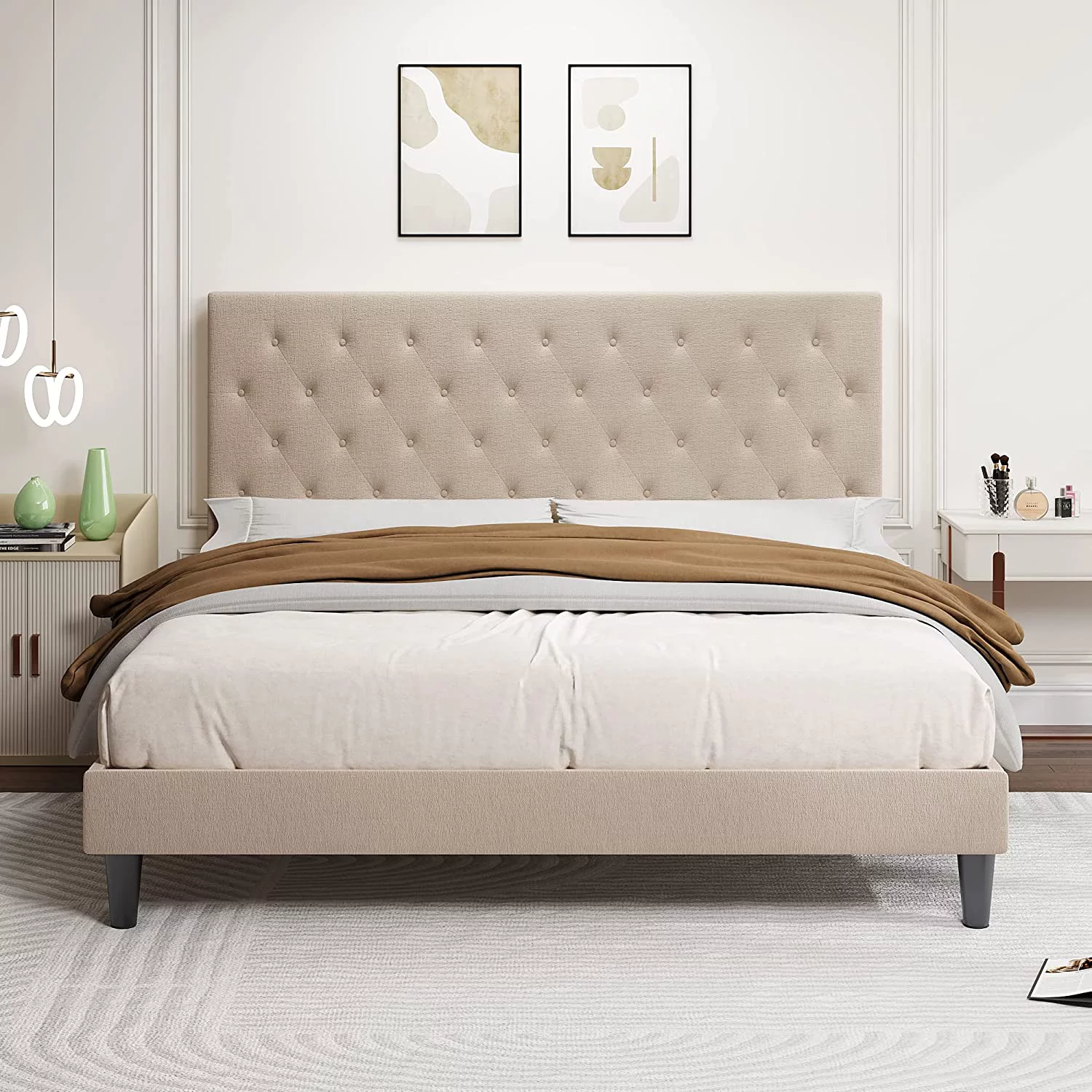 Allewie King Fabric Upholstered Platform Bed Frame with Adjustable Diamond-Tufted Headboard, Beige
