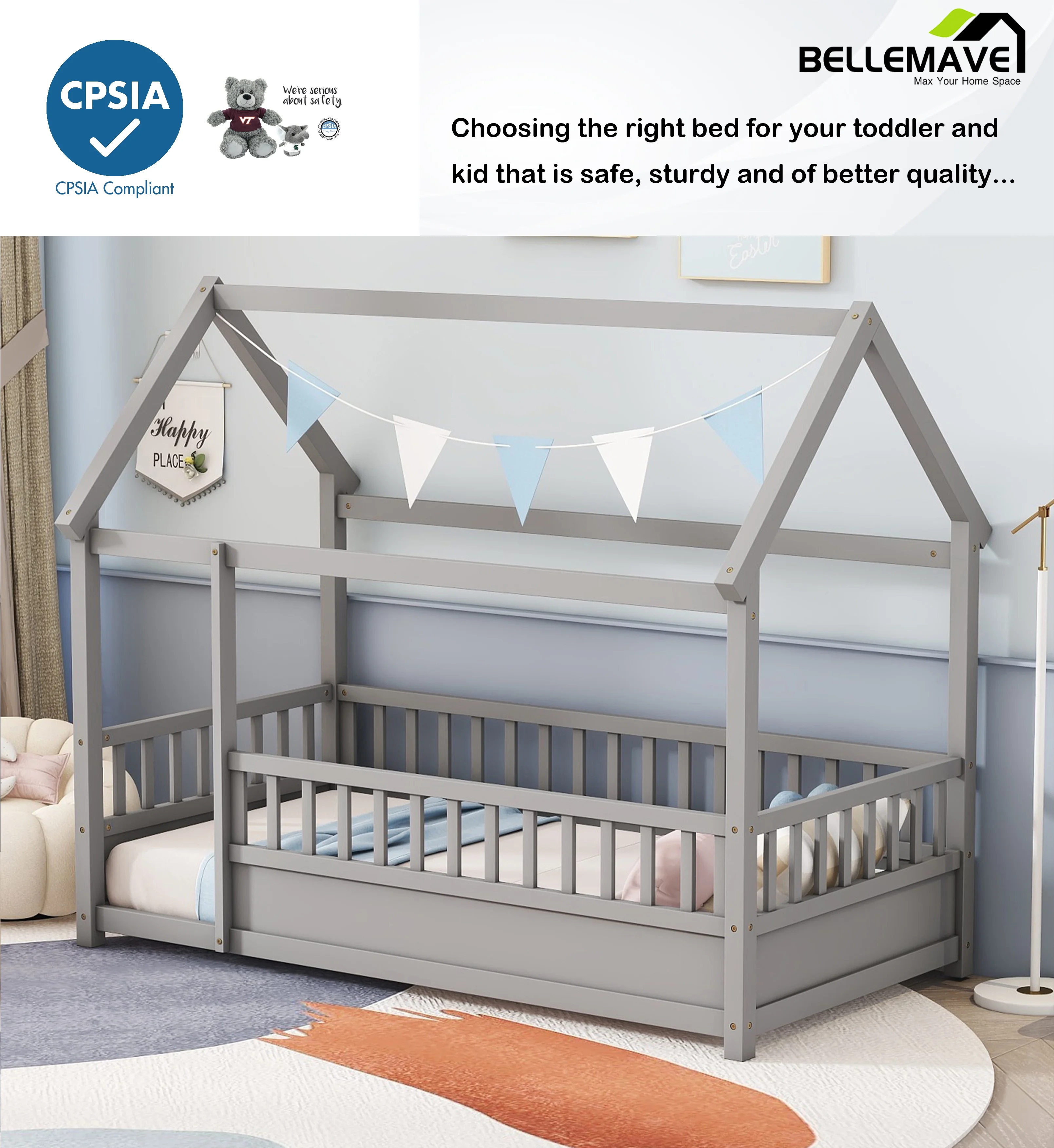 Bellemave Twin Size House Floor Bed with High Fence Guardrails Wooden Playhouse Bed Frame Twin Toddler Floor Bed with Roof Montessori House Bed Frame for Kids, Boy, Girl, (Twin, Gray)