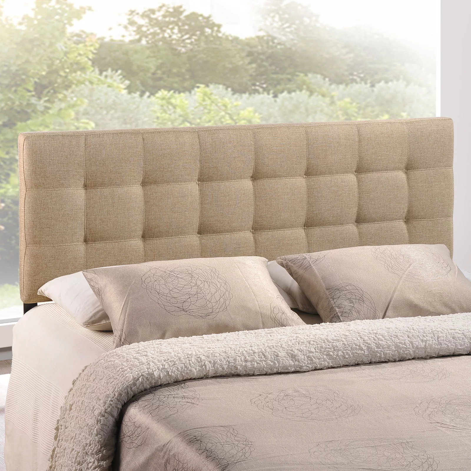 Modern Contemporary Full Size Fabric Headboard, Beige Fabric