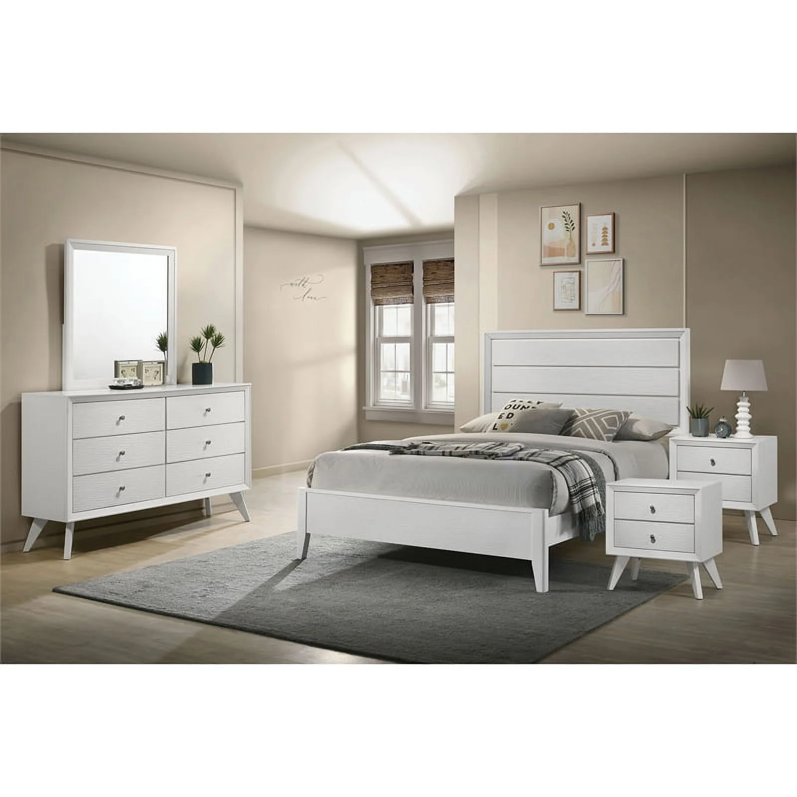 FOA Vrone 5pc Wood White Bedroom Set - King + 2 Nightstands + Dresser + Mirror