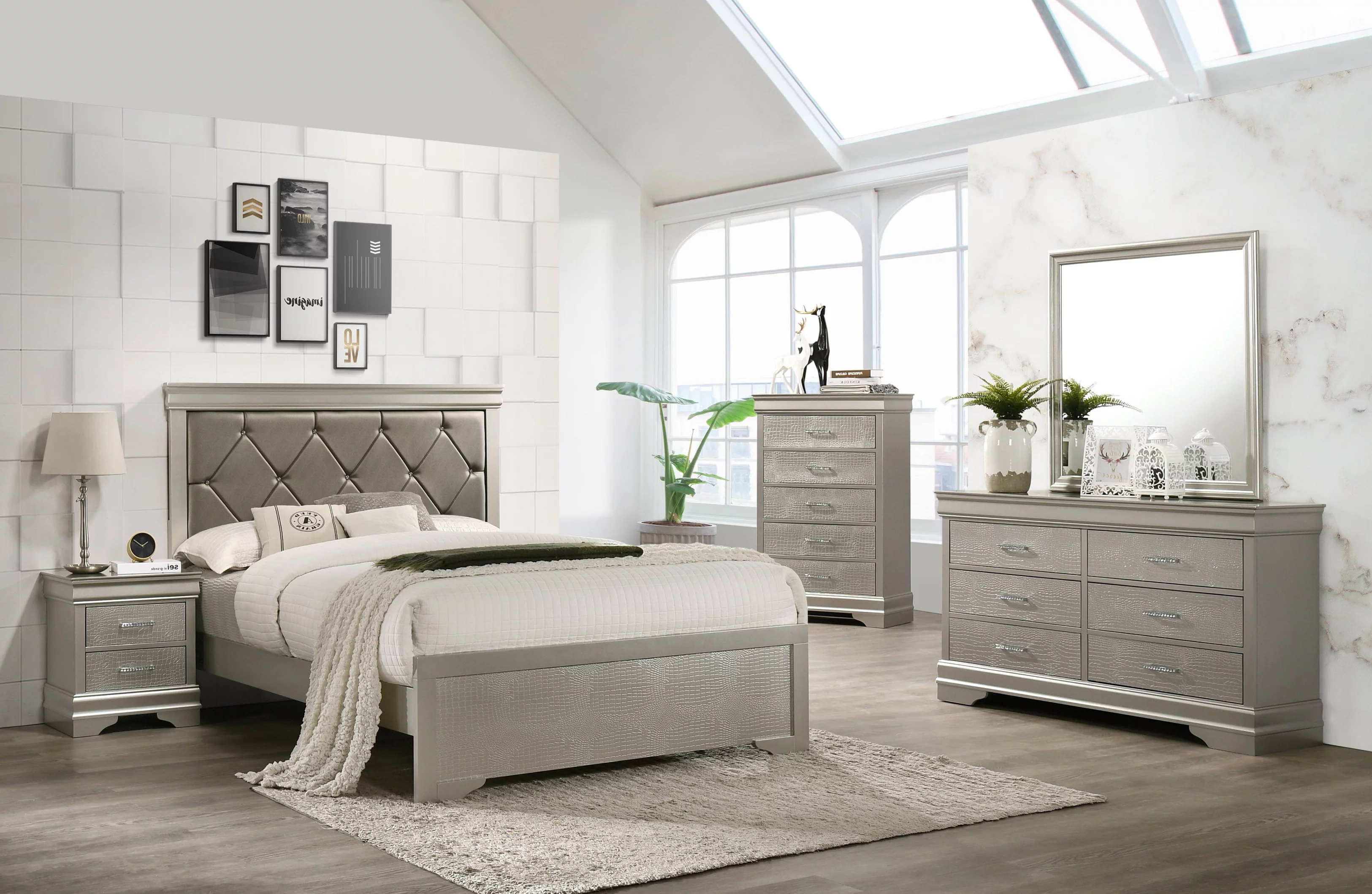 6pc Silver Finish Queen Size Upholstered Button Tufted Bed Storage Wood Furniture Bedroom Set