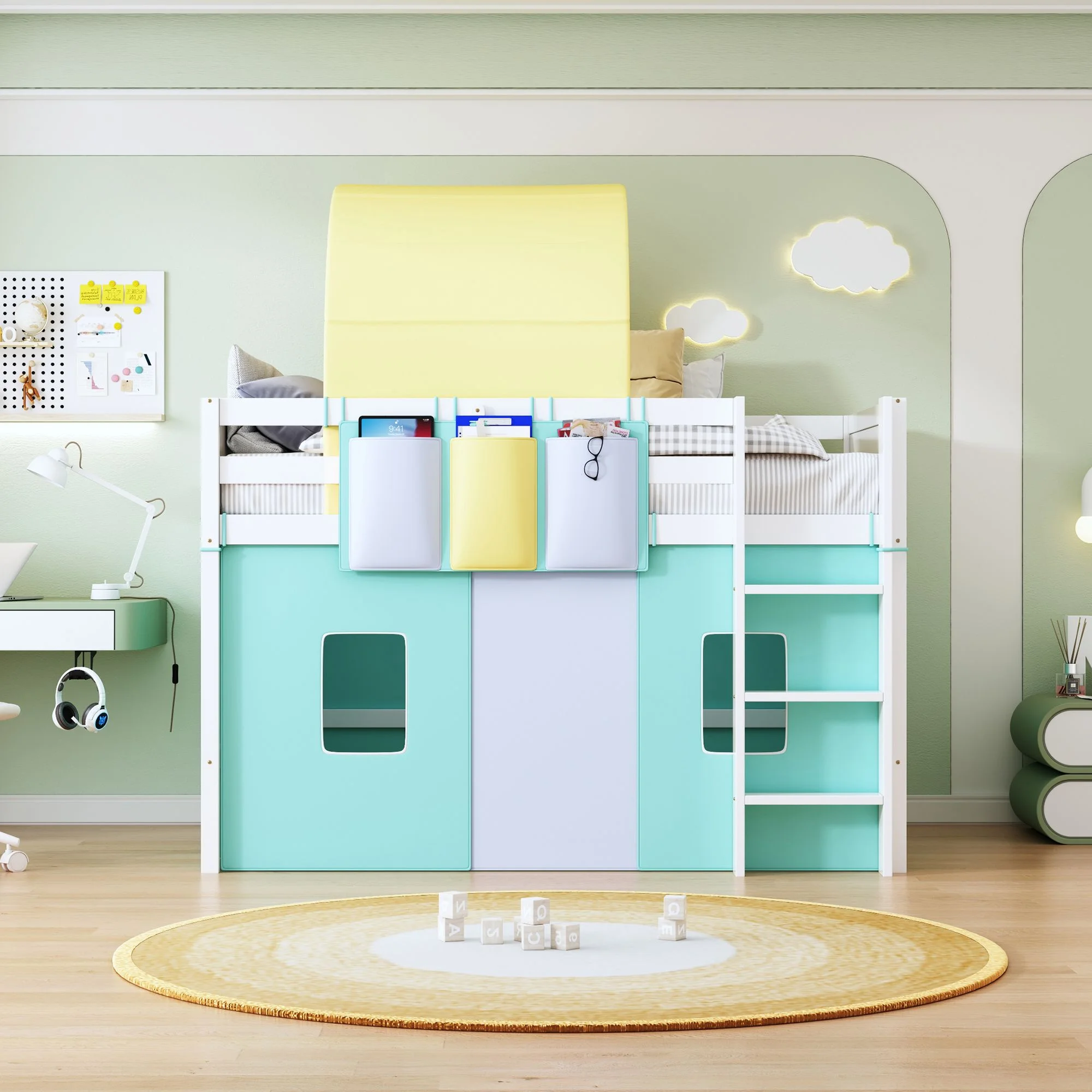 Twin Size Loft Bed with Tent and Tower and Three Pockets, Wooden Loft Beds Frame with Sturdy Construction & Unique Design, Wood High Loft Beds with Ladder(Green, Twin)