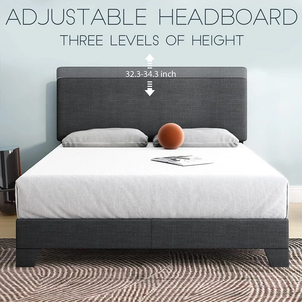 King Size Platform Bed Frame with Adjustable Headboard, Dark Grey