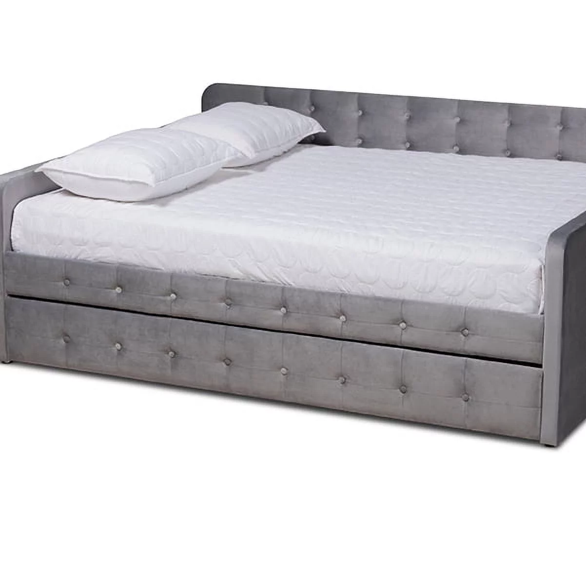 Jona Modern and Contemporary Transitional Grey Velvet Fabric Upholstered and Button Tufted Full Size Daybed with Trundle
