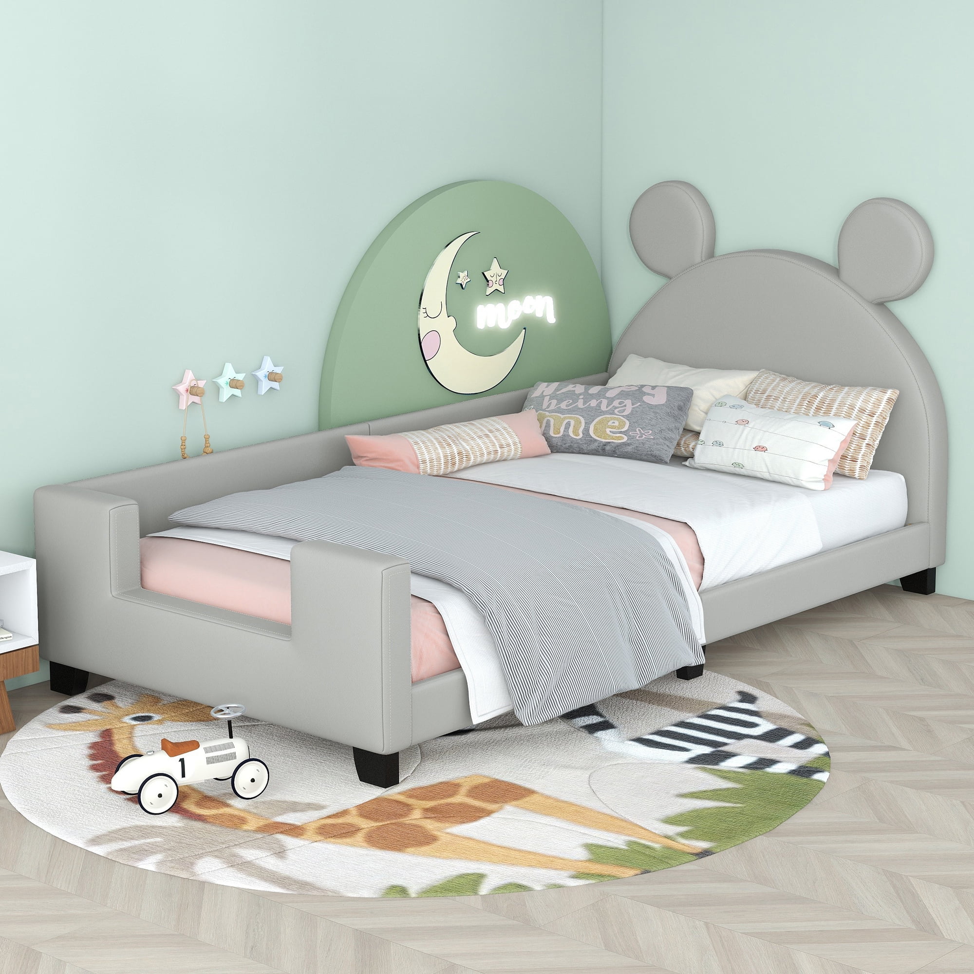 Dcenta Twin Size Upholstered Daybed with Carton Ears Shaped Headboard, Grey