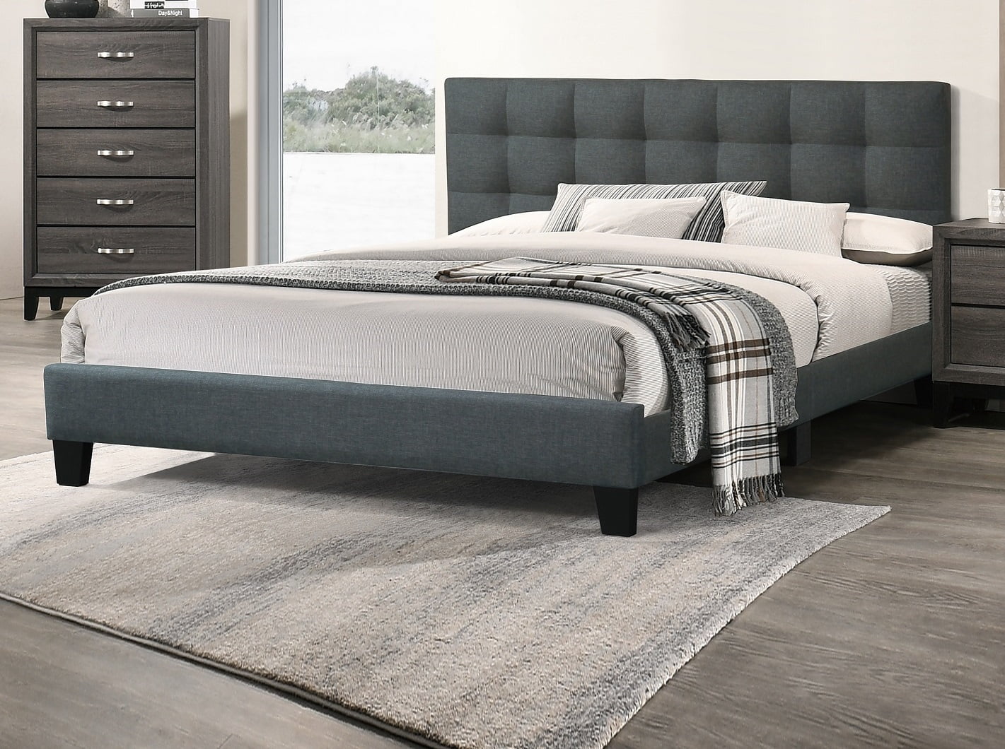 Bedroom furniture Charcoal Polyfiber Eastern King Size bed 1pc Bed Set Plywood.
