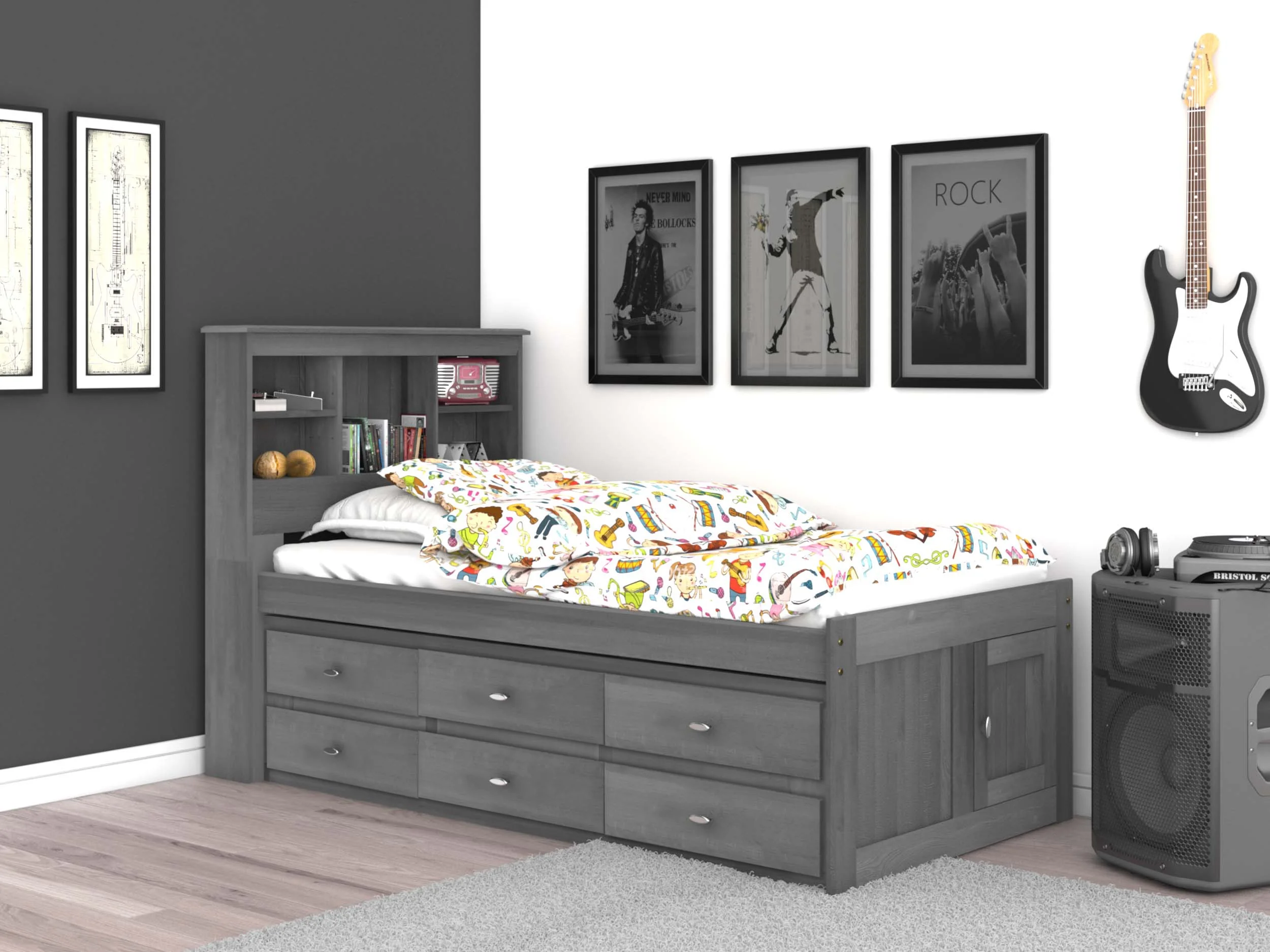OS Home and Office Furniture Model 83220K12-22 Solid Pine Twin Captains Bookcase Bed with 12 underbed drawers in Charcoal Gray