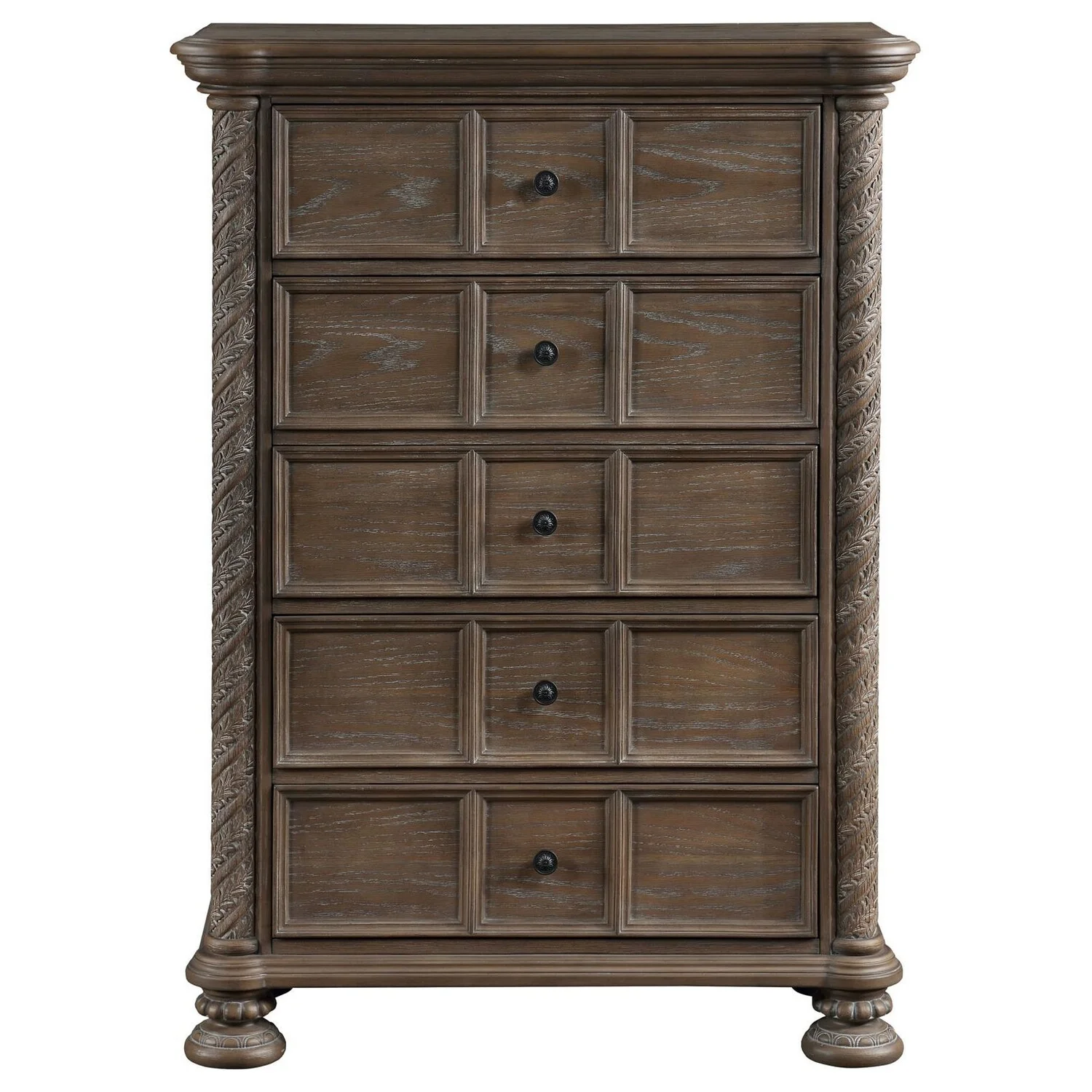Benjara BM306659 39 in. Emme 5 Drawers & Bun Feet Oak Brown Wood Tall Dresser Chest