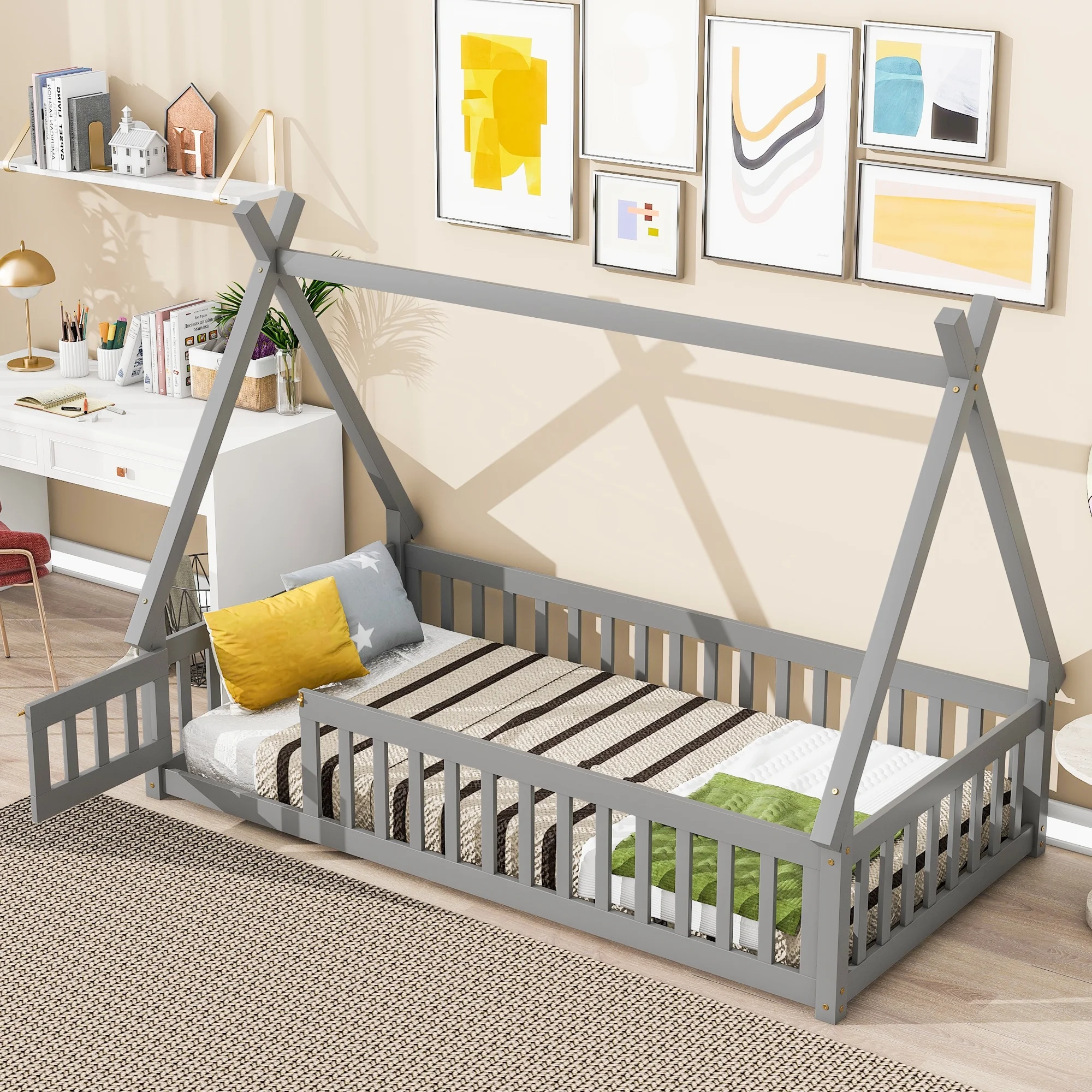 CoSoTower Twin Tent-Shaped Floor Bed, with Guardrails, Slats, Door ,Grey