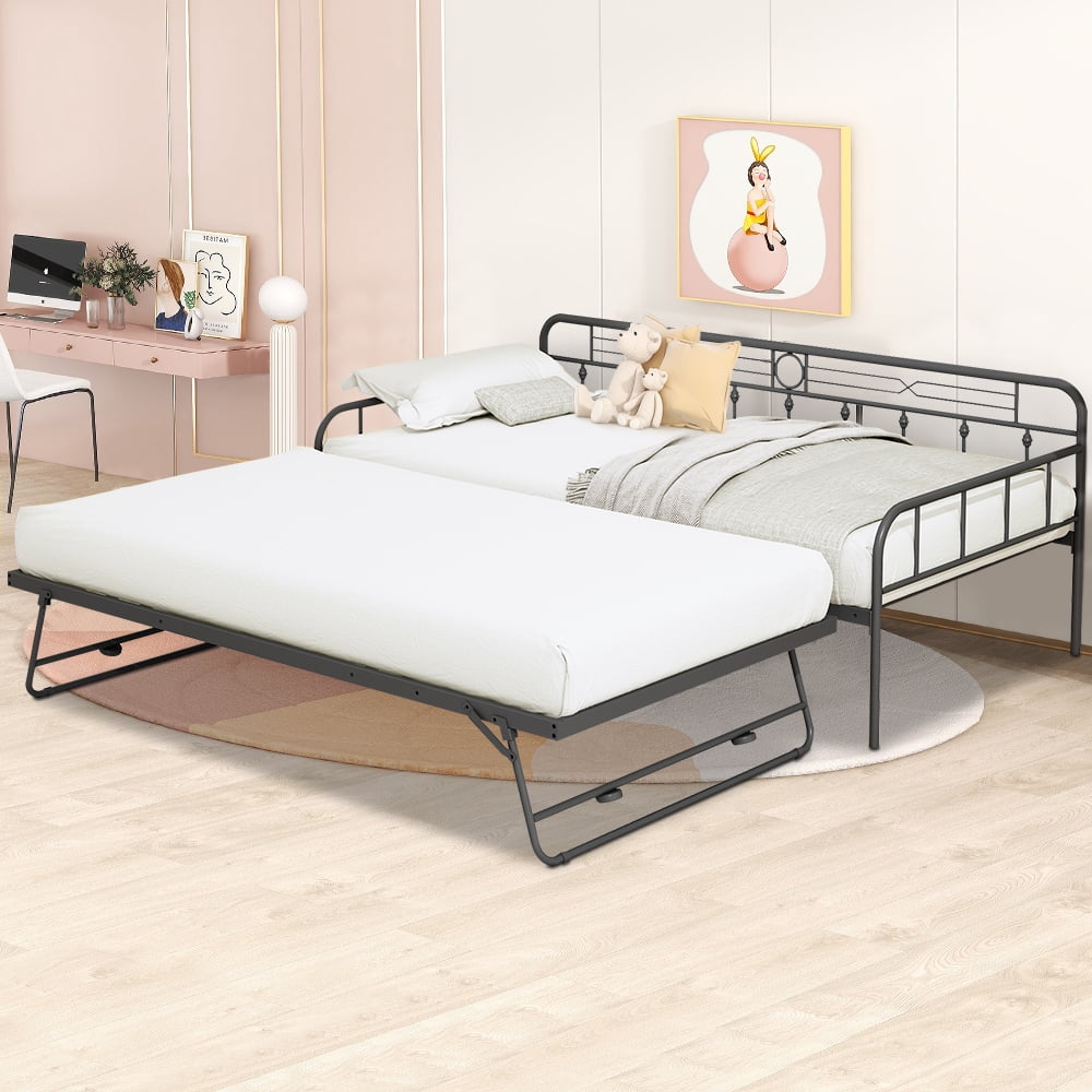 paproos Metal Daybed with Trundle, Twin Size Multifunctional Metal Daybed with Headboard Style, Twin Steel Trundle Bed for Bedroom Guest Room, Black