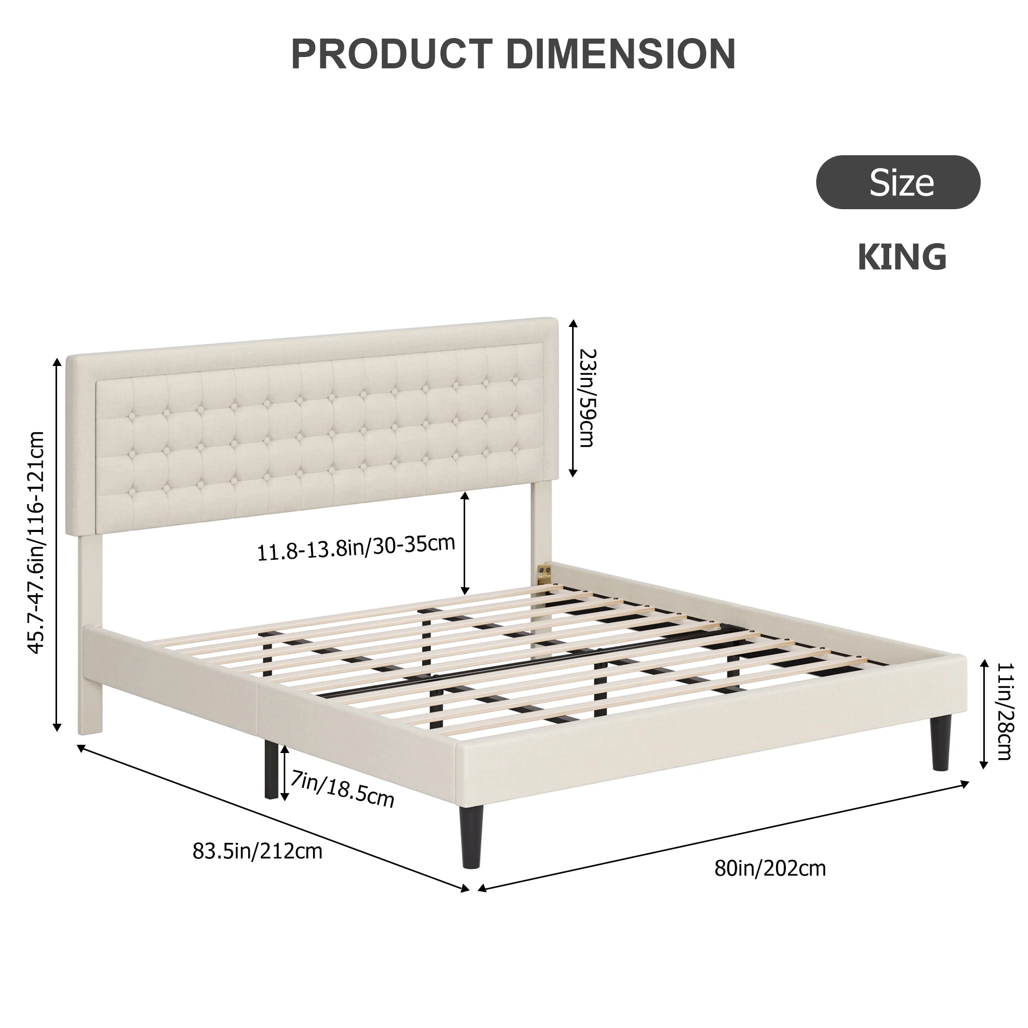 Homfa King Size Bed Frame, Modern Platform Bed Frame with Adjustable Button Tufted Upholstered Headboard, Wood Slat Support, Beige